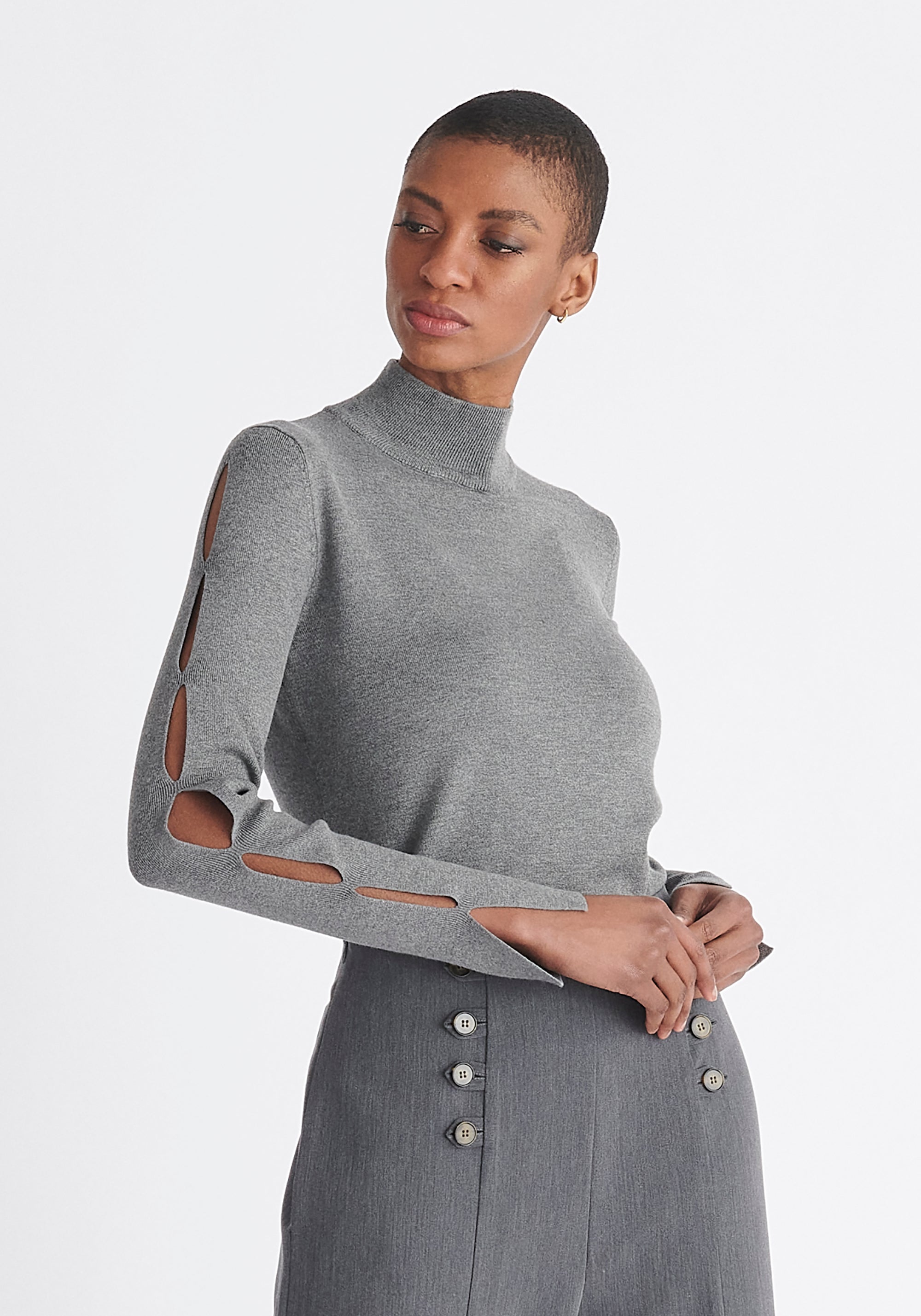 Paisie Knitted Cut Out Sleeve Top in Grey