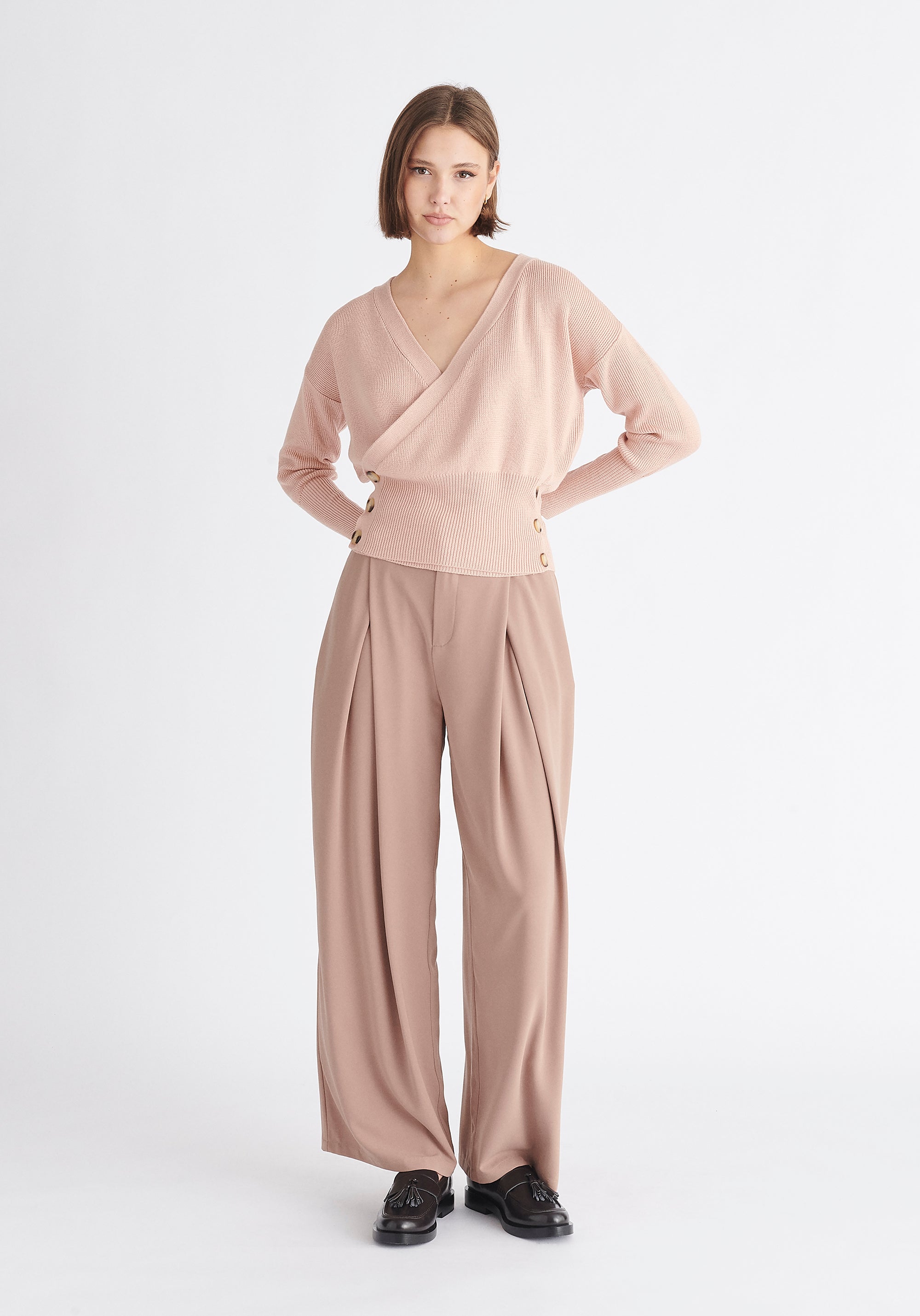 Paisie Button Knitted Wrap Top in Pink