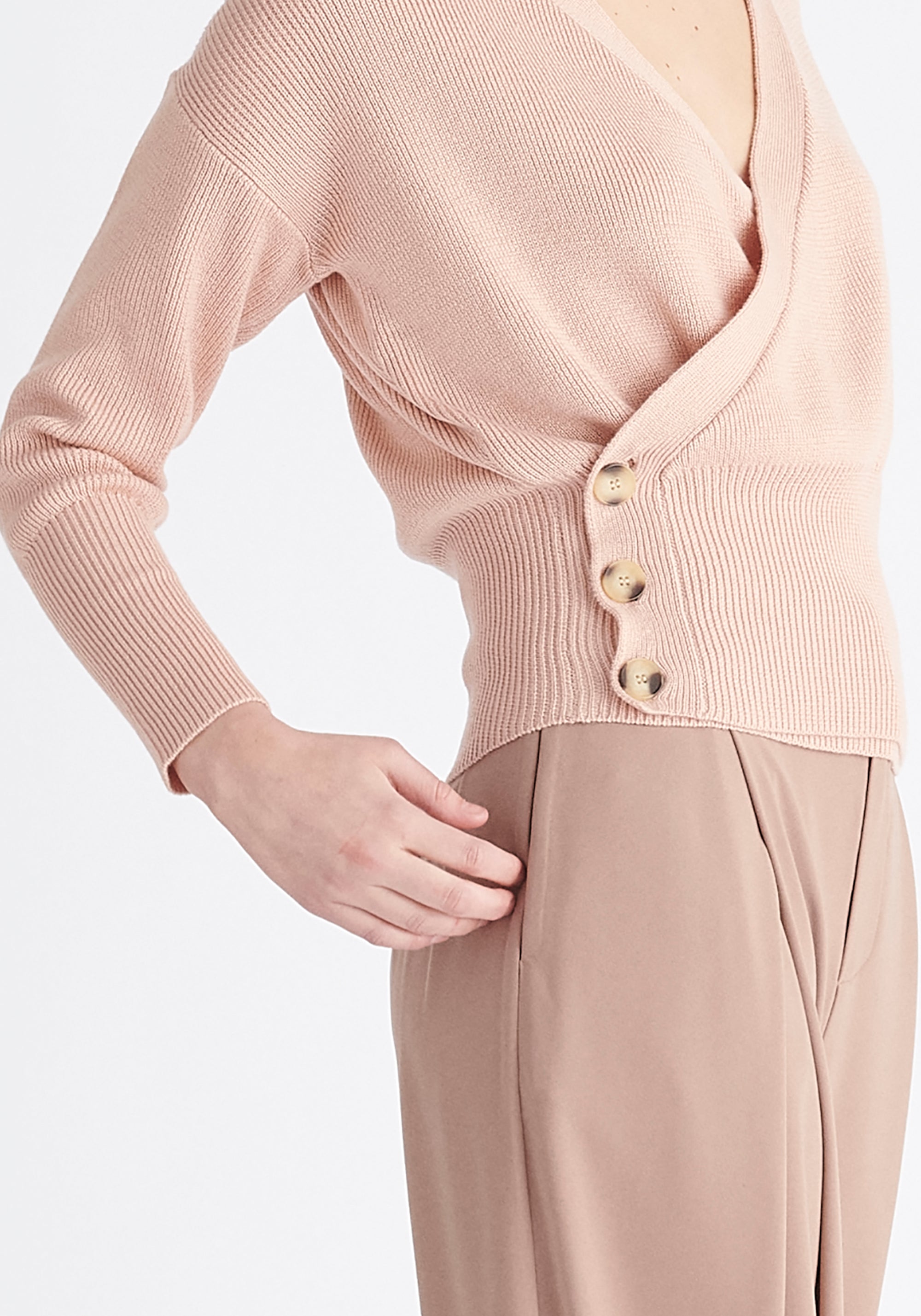 Paisie Button Knitted Wrap Top in Pink Close Up
