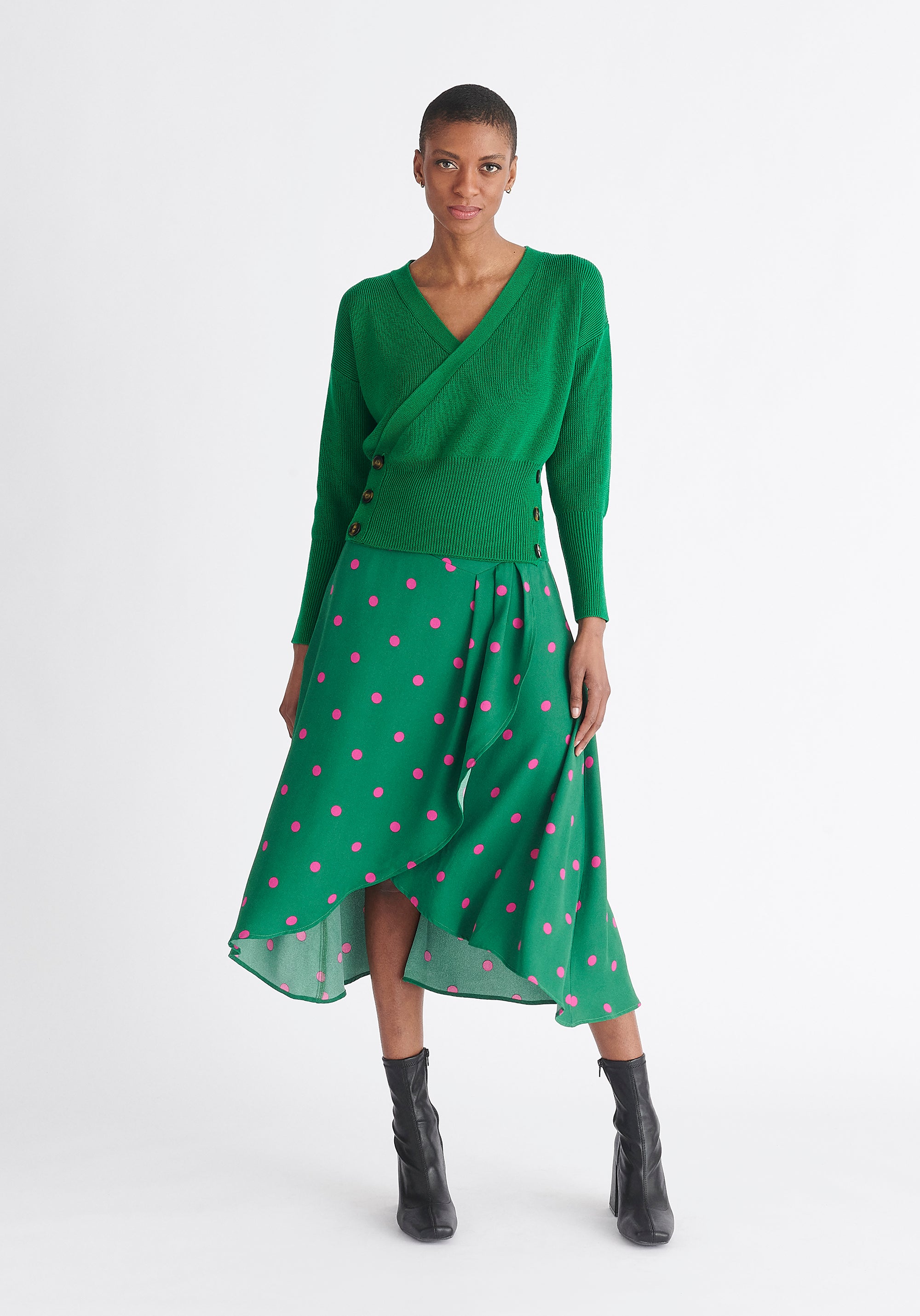 Paisie Button Knitted Wrap Top in Green