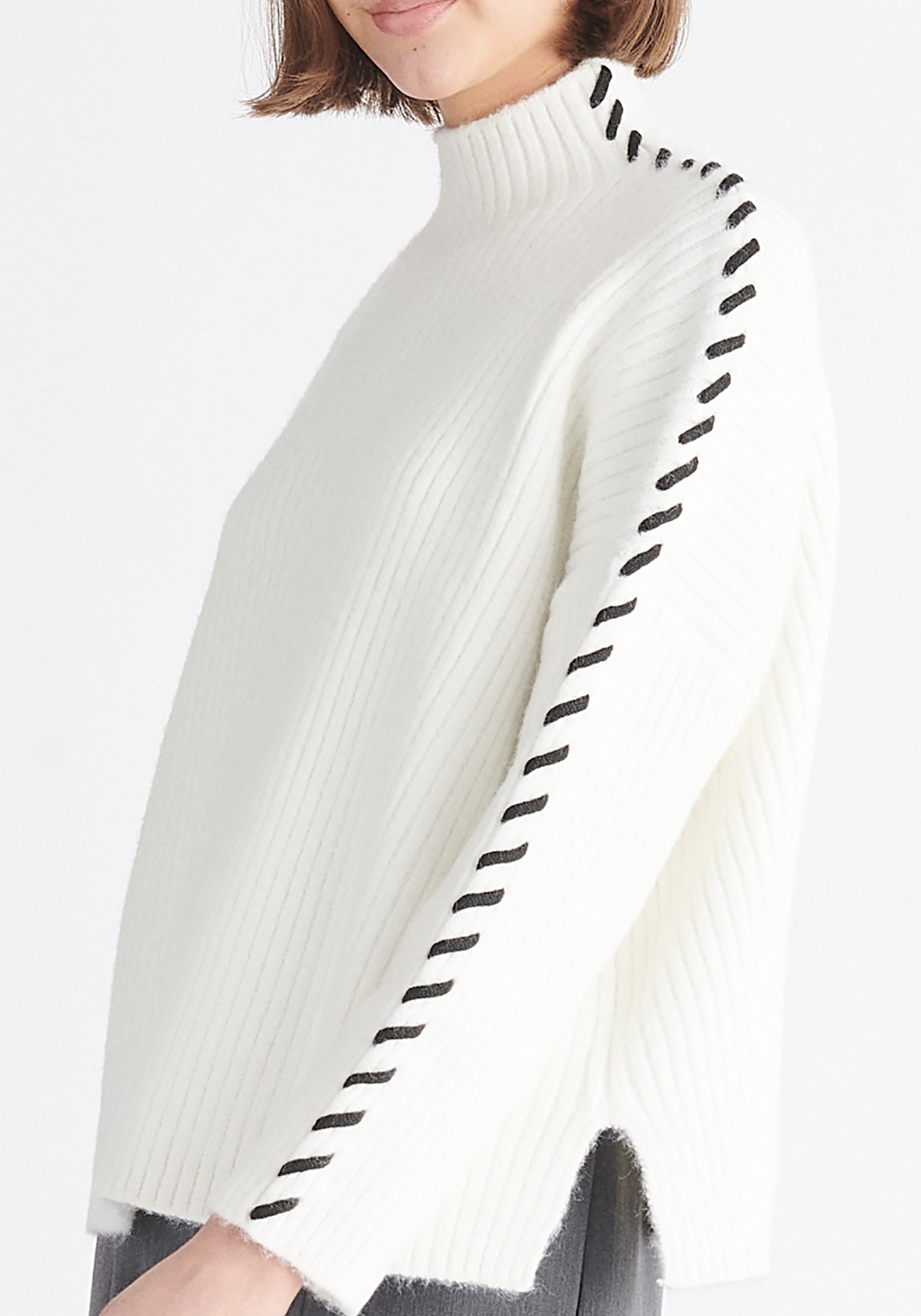 Paisie Contrast Whipstitch Jumper in White Close Up