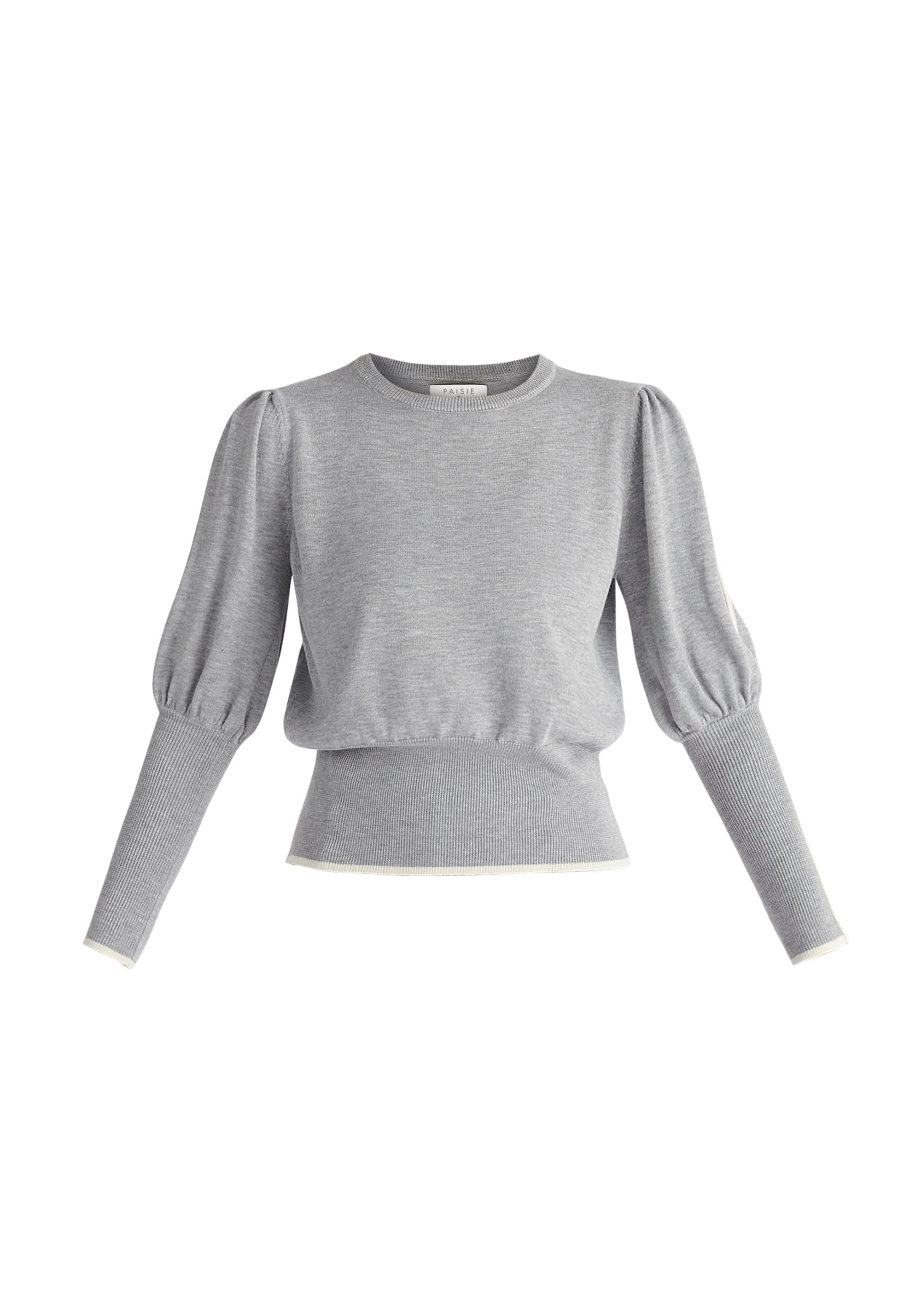 Paisie Contrast Colour Edge Knitted Top in Light Grey Cut Out