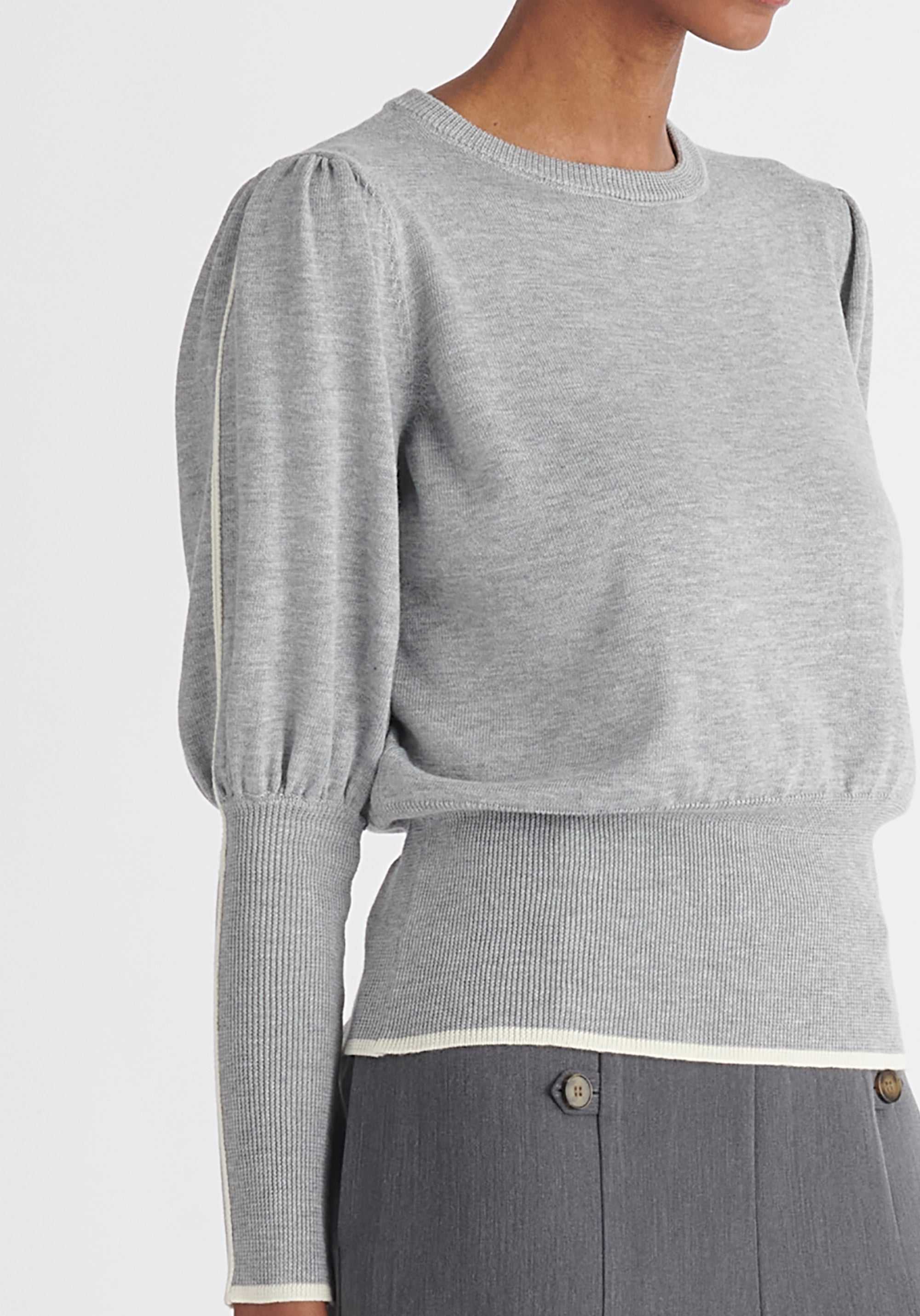 Paisie Contrast Colour Edge Knitted Top in Light Grey Close Up