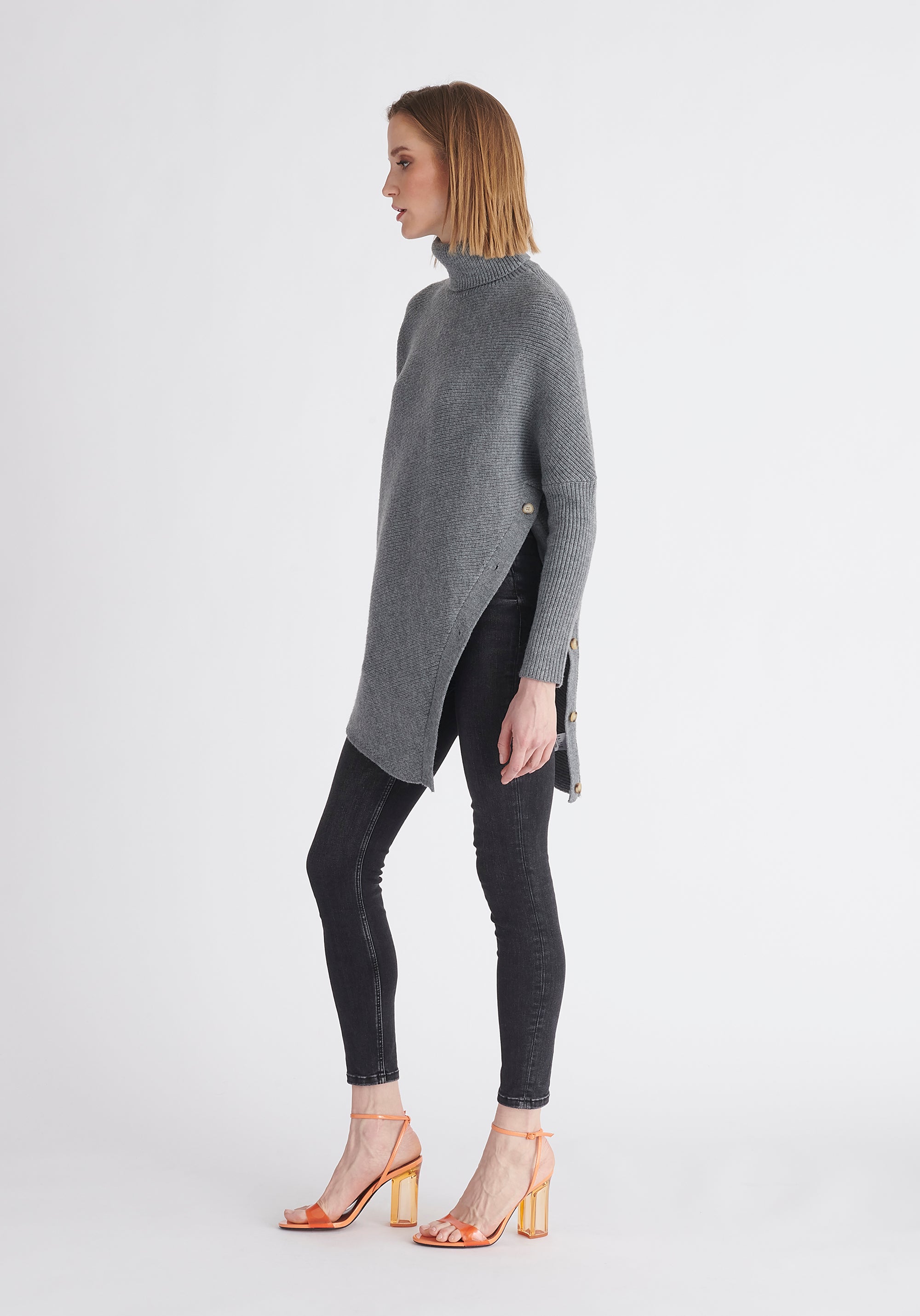 Paisie Asymmetric Button Slit Jumper in Grey Side