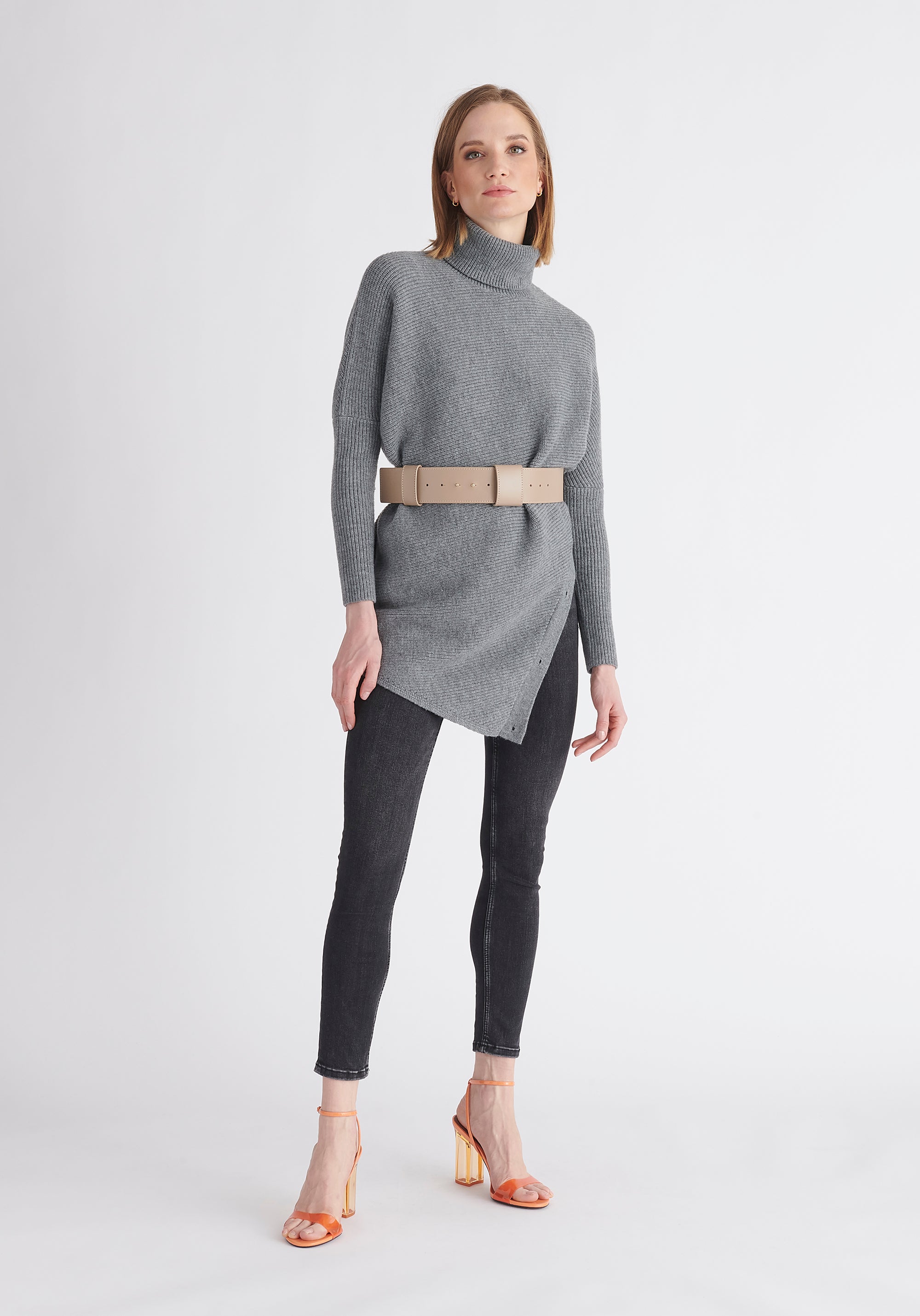 Paisie Asymmetric Button Slit Jumper in Grey
