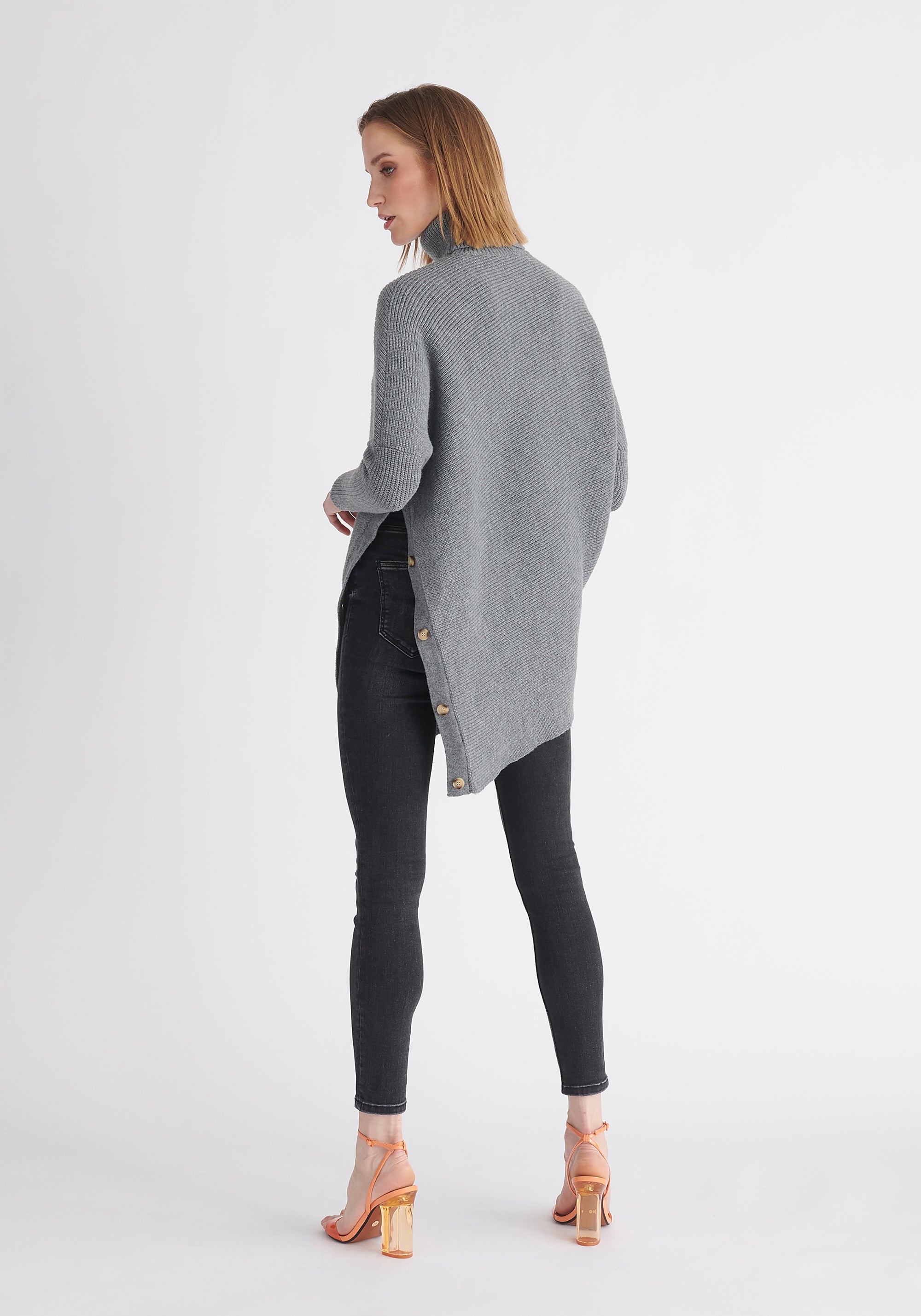 Paisie Asymmetric Button Slit Jumper in Grey Back