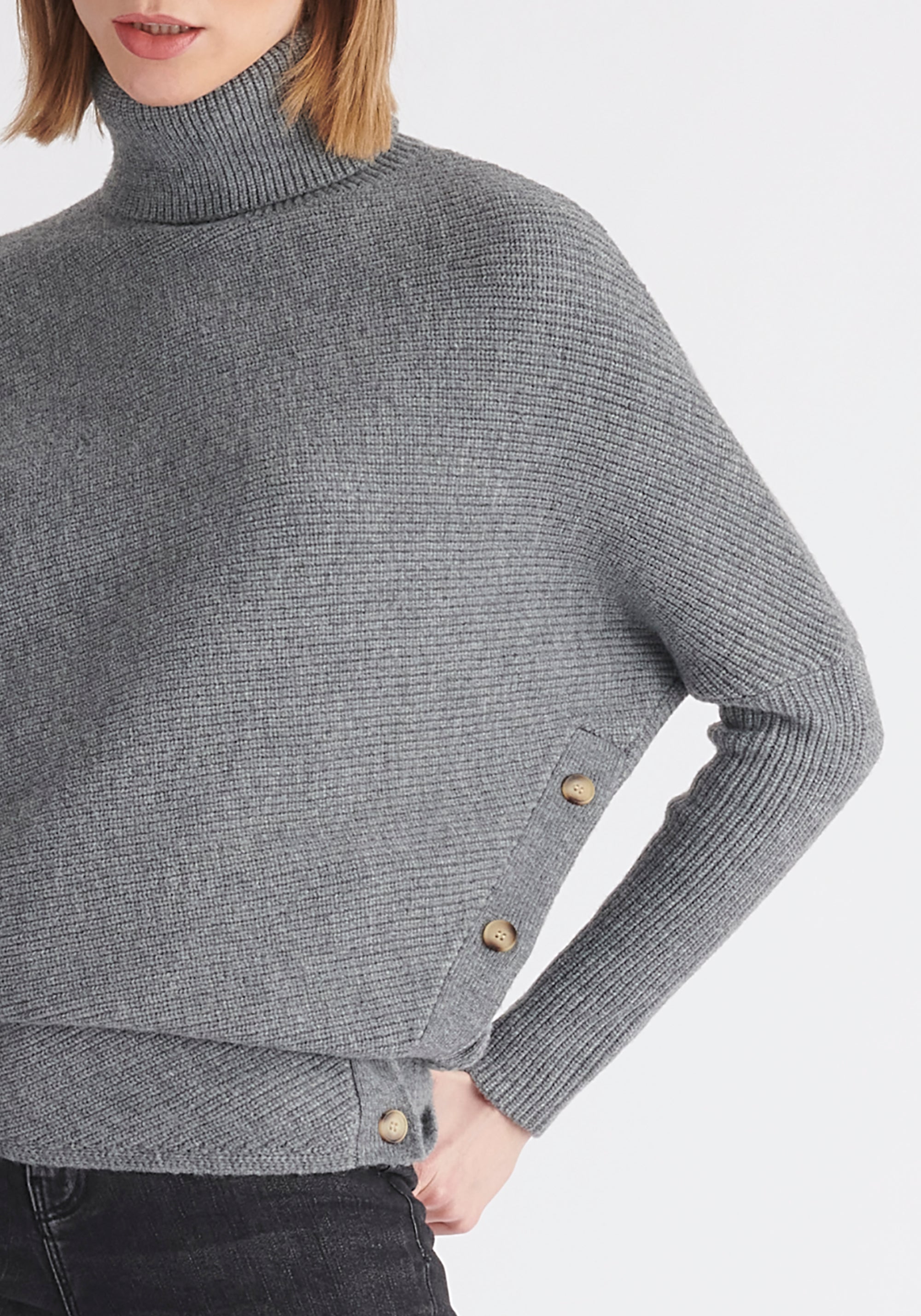 Paisie Asymmetric Button Slit Jumper in Grey Close Up