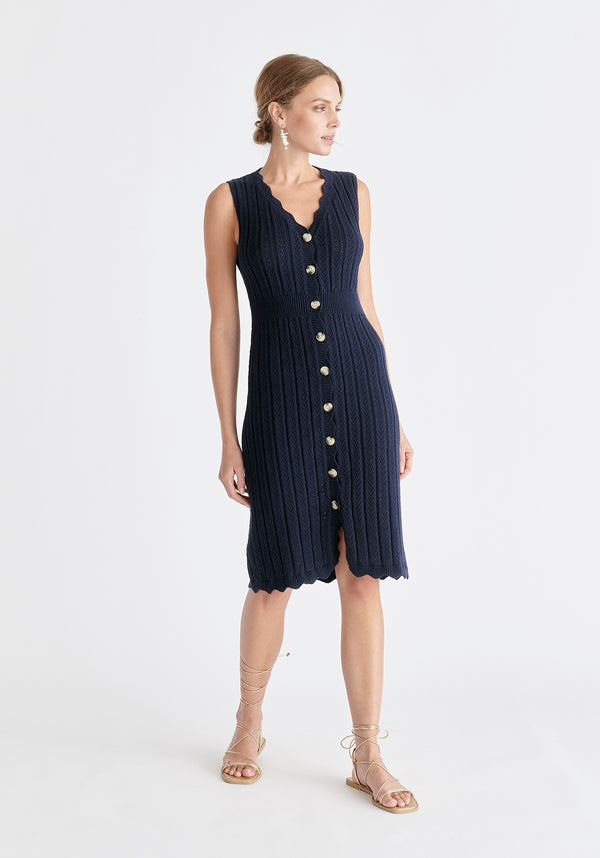 Pointelle Knitted Dress in Navy