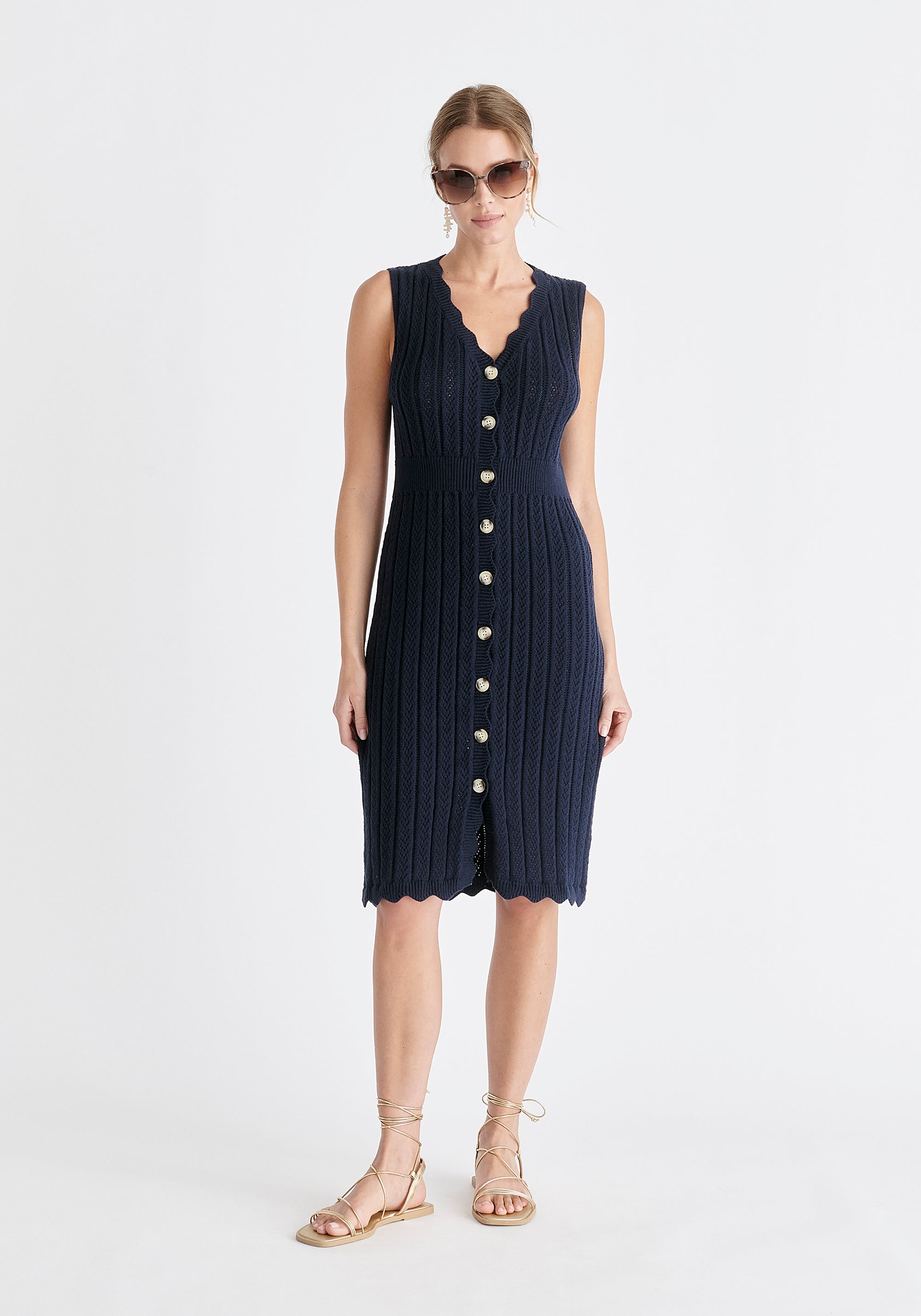Pointelle Knitted Dress in Navy