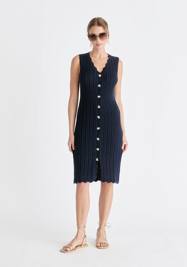 Pointelle Knitted Dress in Navy
