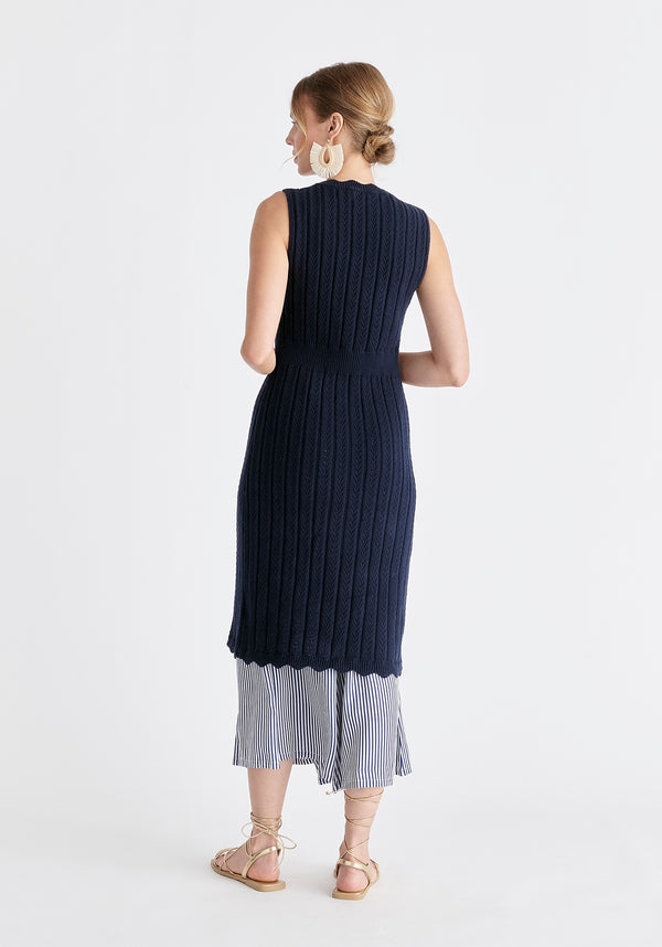 Pointelle Knitted Dress in Navy Back