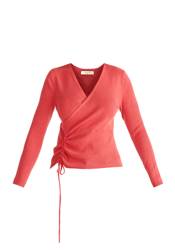 Ribbed Drawstring Top in Strawberry Red Cut Out