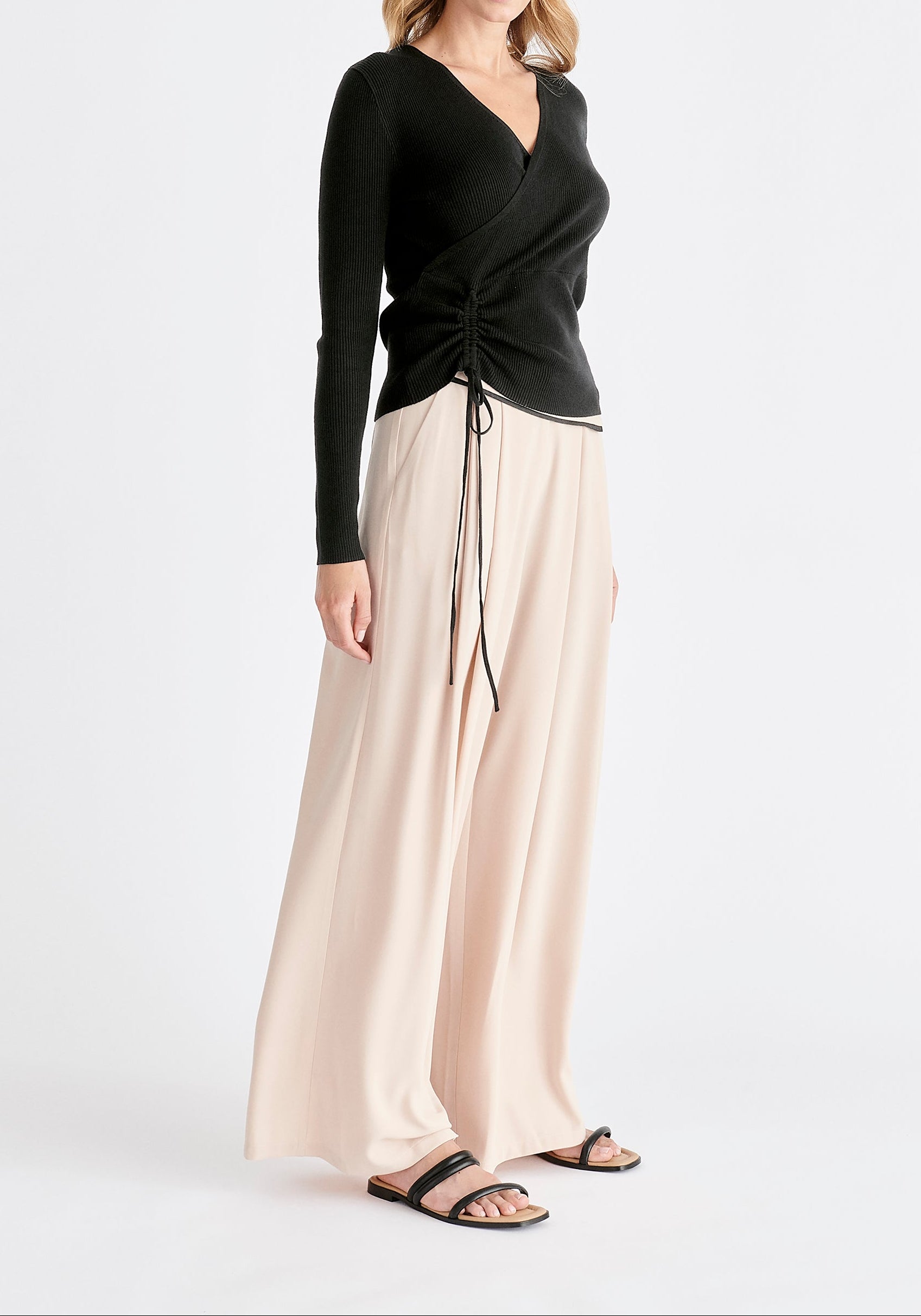 Ribbed Drawstring Top in Black Side