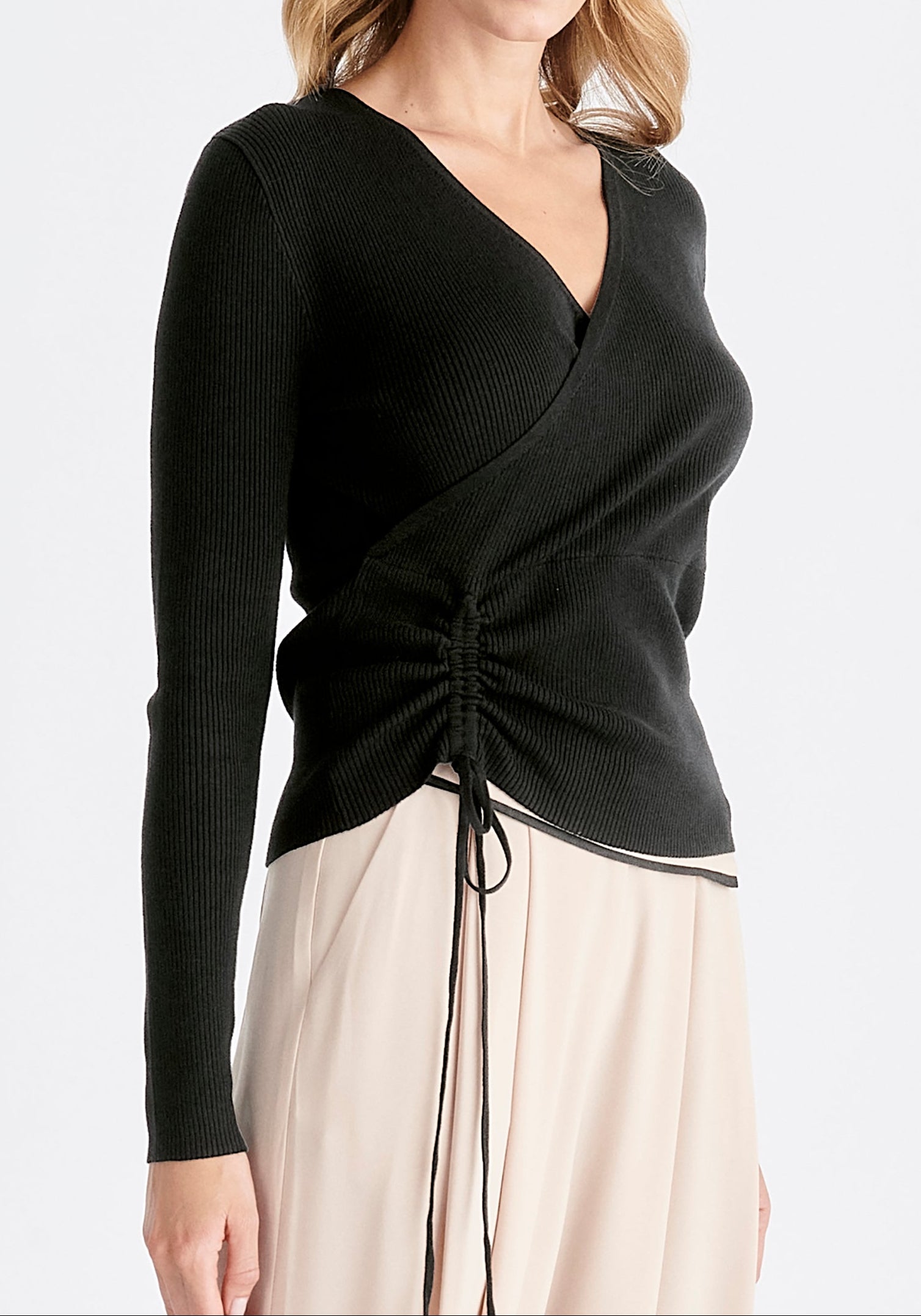 Ribbed Drawstring Top in Black