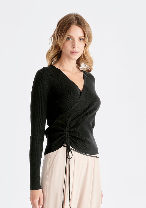 Ribbed Drawstring Top in Black