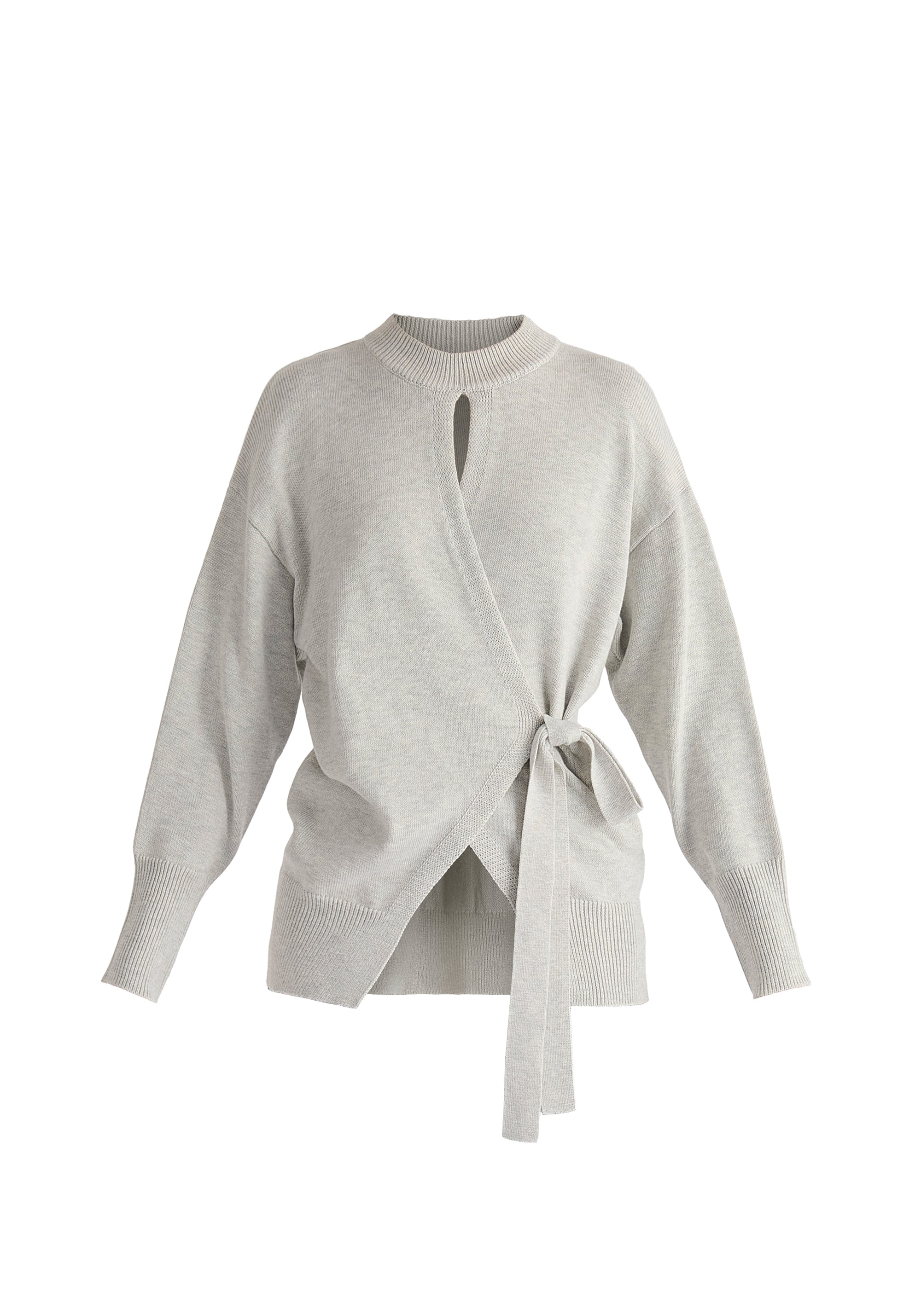 Open Front Mock Neck Wrap Jumper in Light Grey Cut Out