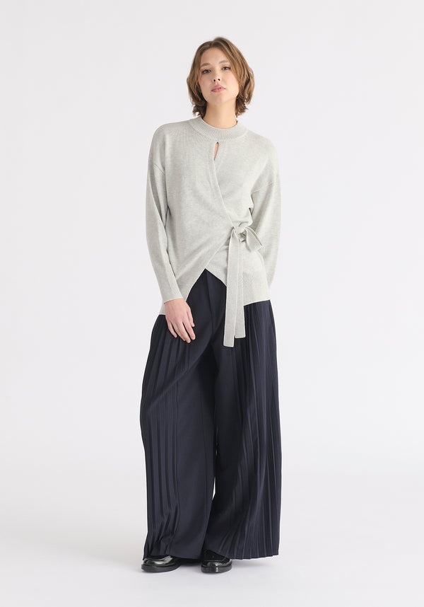 Open Front Mock Neck Wrap Jumper in Light Grey Front