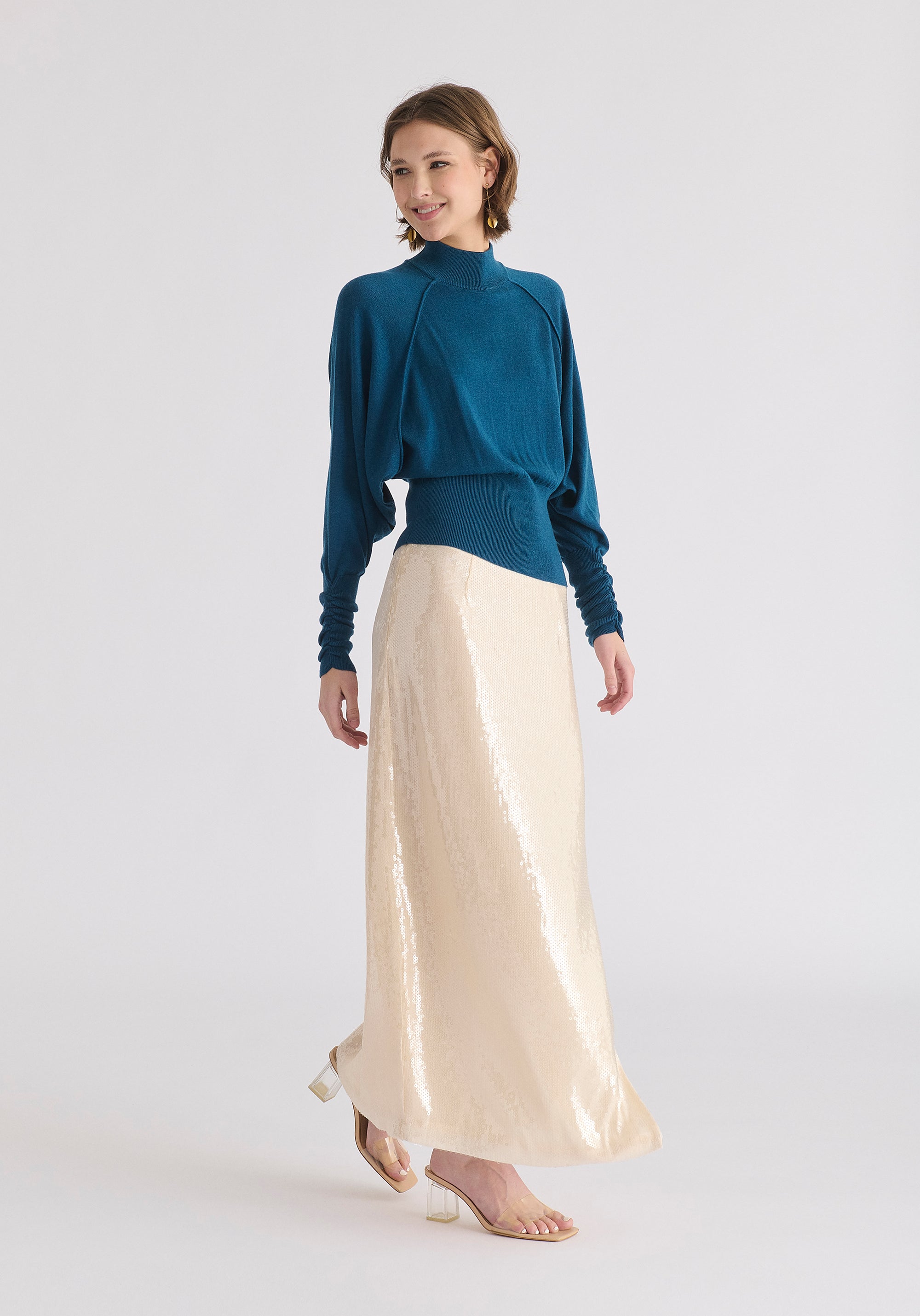 Mock Neck Batwing Jumper with Ruched Cuffs in Turquoise