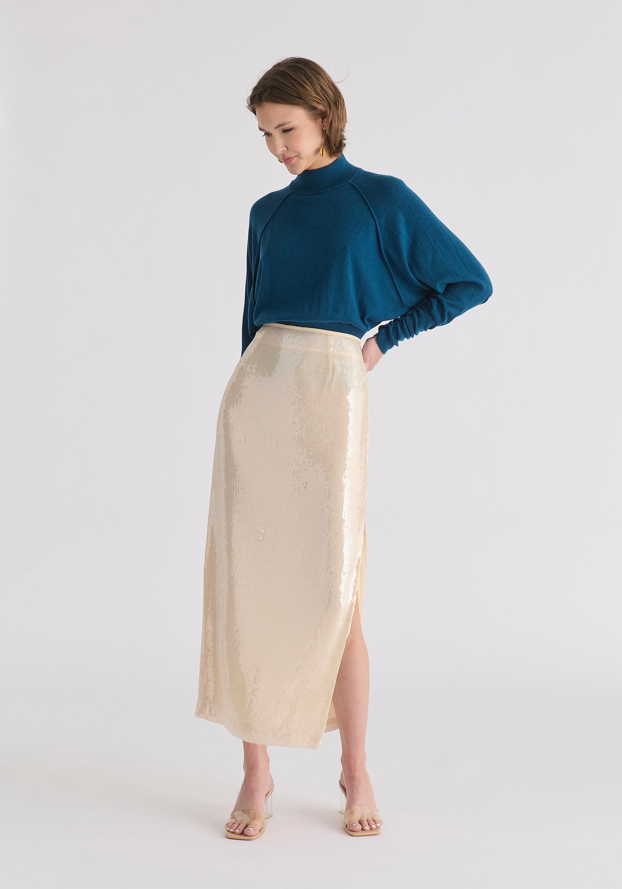 Mock Neck Batwing Jumper with Ruched Cuffs in Turquoise
