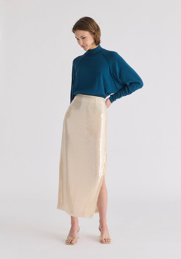 Mock Neck Batwing Jumper with Ruched Cuffs in Turquoise