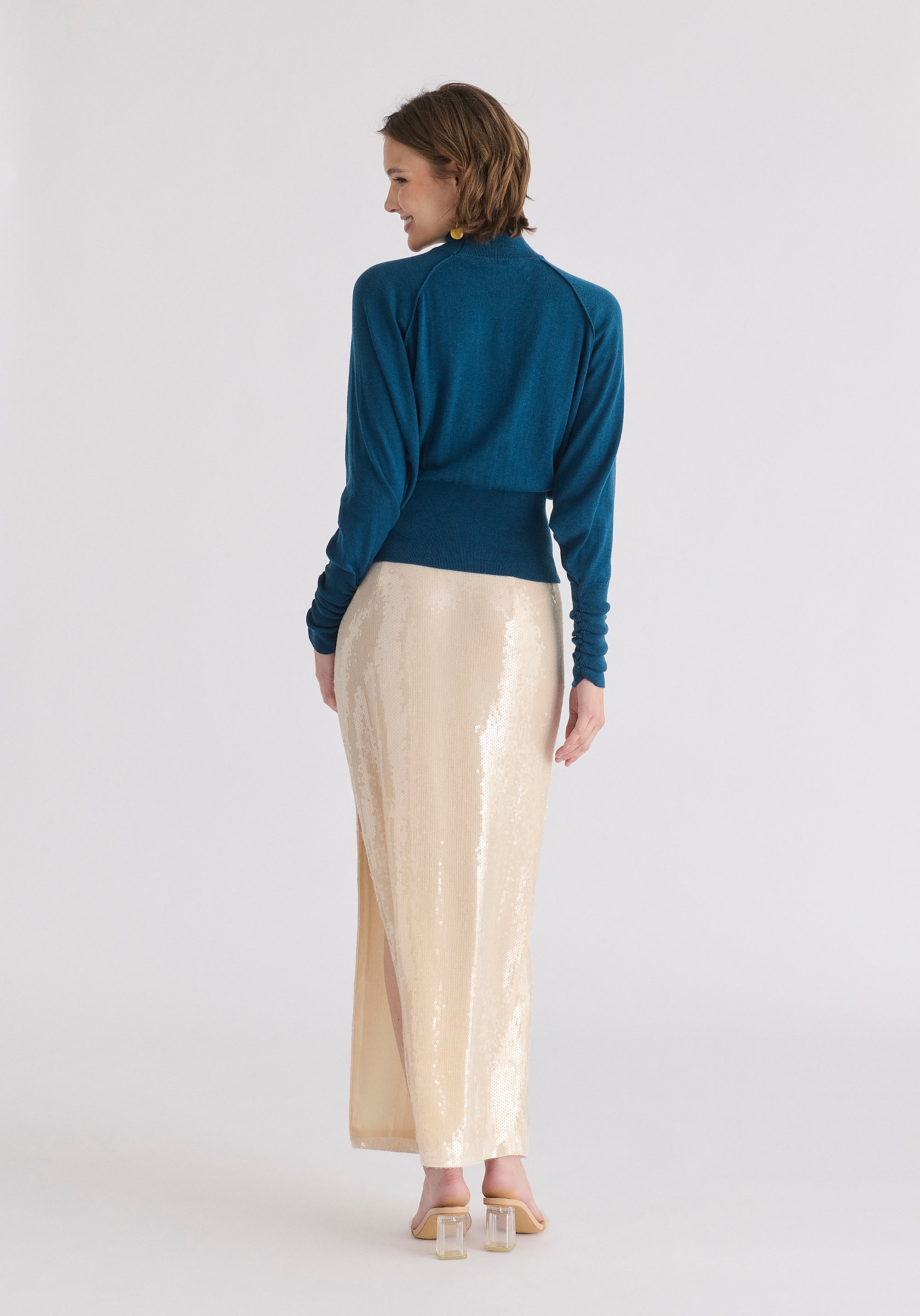 Mock Neck Batwing Jumper with Ruched Cuffs in Turquoise Back