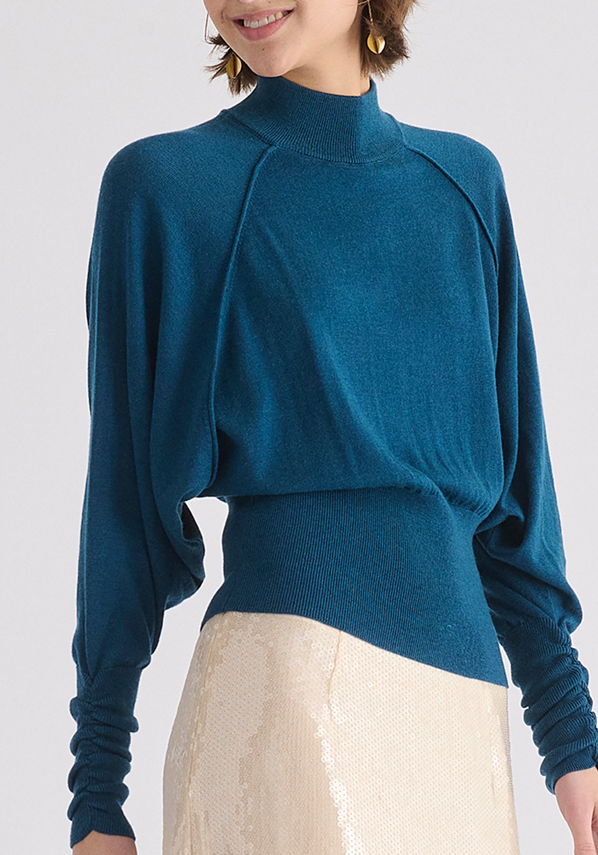 Mock Neck Batwing Jumper with Ruched Cuffs in Turquoise Close Up