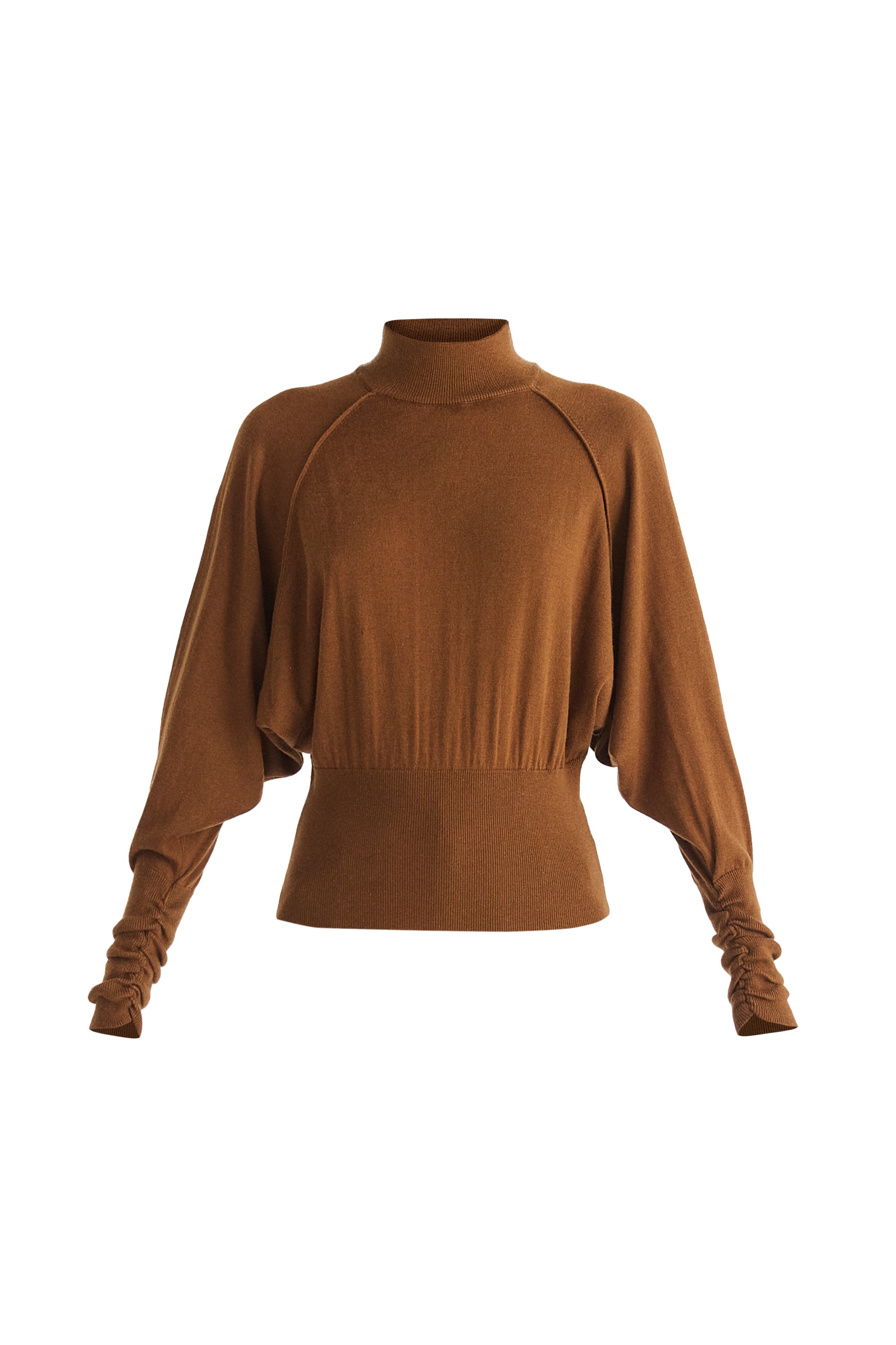 Mock Neck Batwing Jumper with Ruched Cuffs in Brown Cut Out