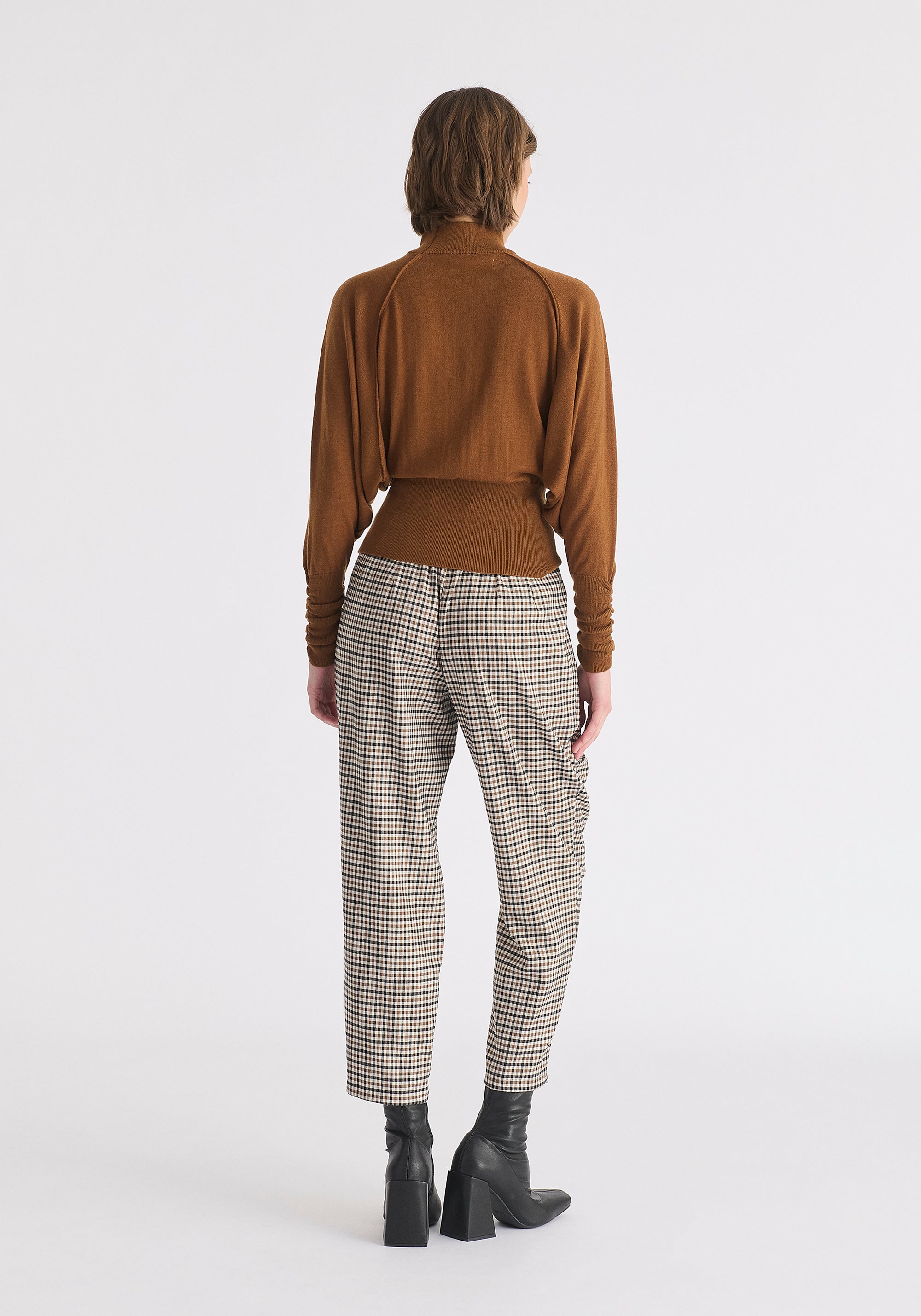 Mock Neck Batwing Jumper with Ruched Cuffs in Brown Back