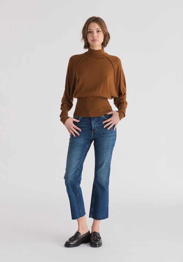 Mock Neck Batwing Jumper with Ruched Cuffs in Brown