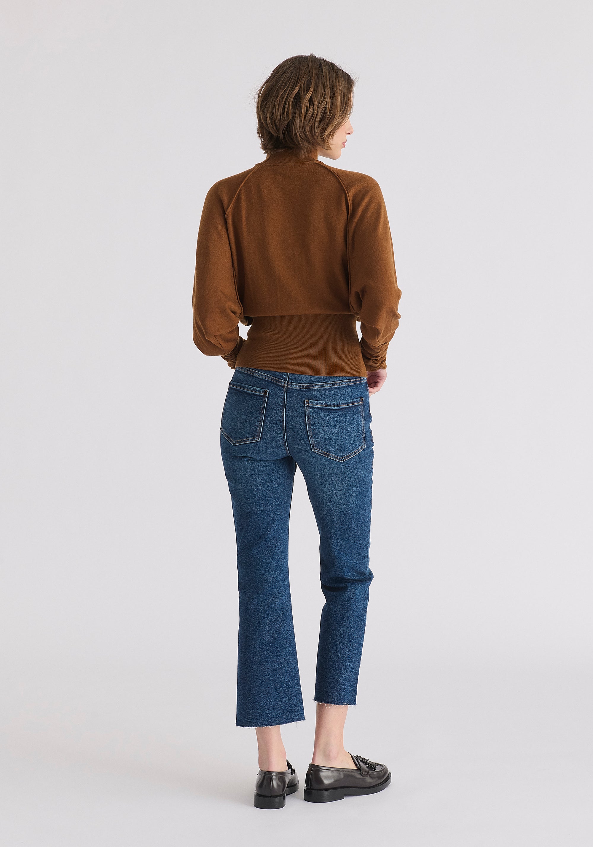 Mock Neck Batwing Jumper with Ruched Cuffs in Brown Back