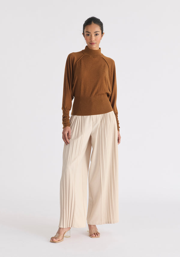 Mock Neck Batwing Jumper with Ruched Cuffs in Brown