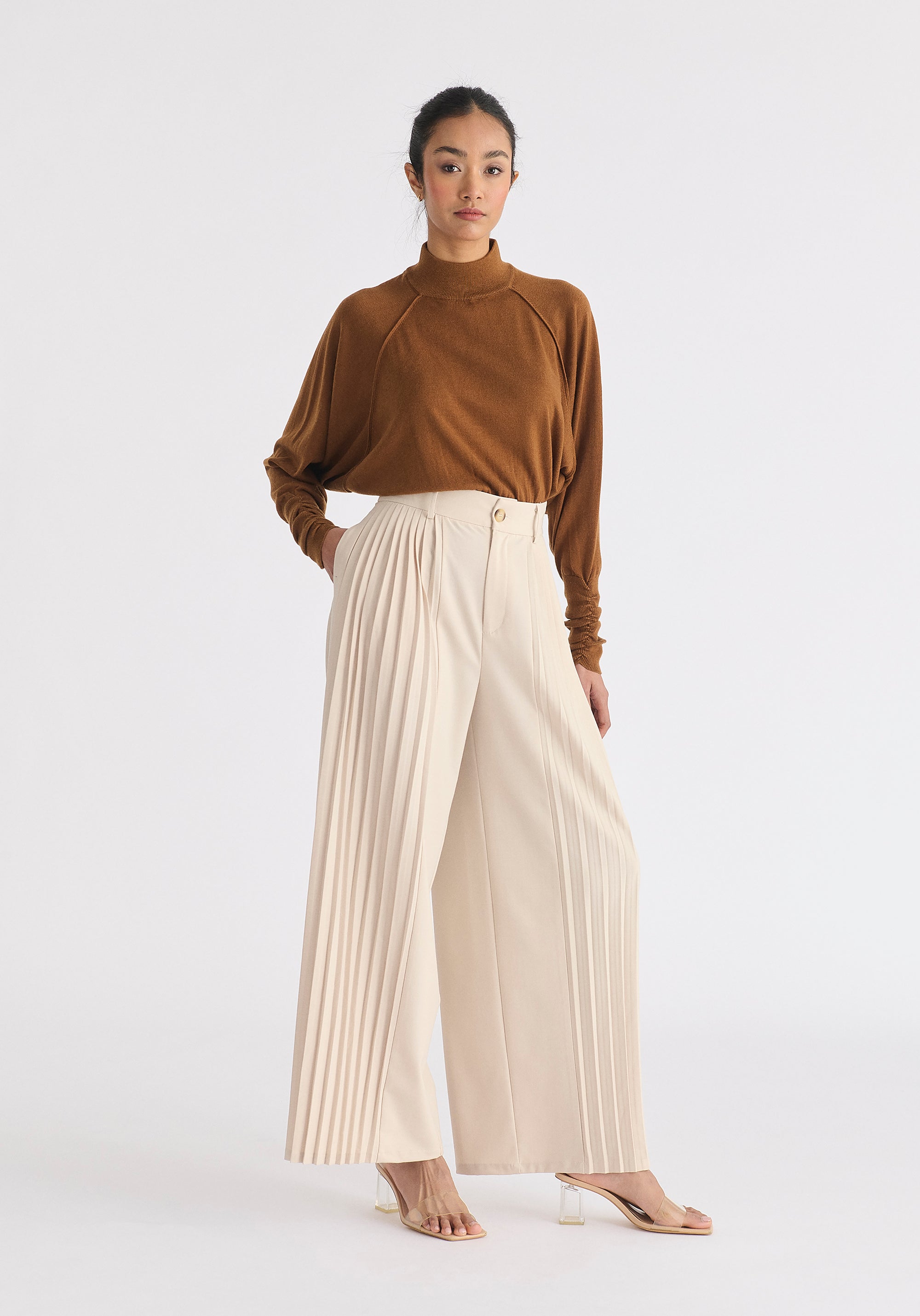 Mock Neck Batwing Jumper with Ruched Cuffs in Brown