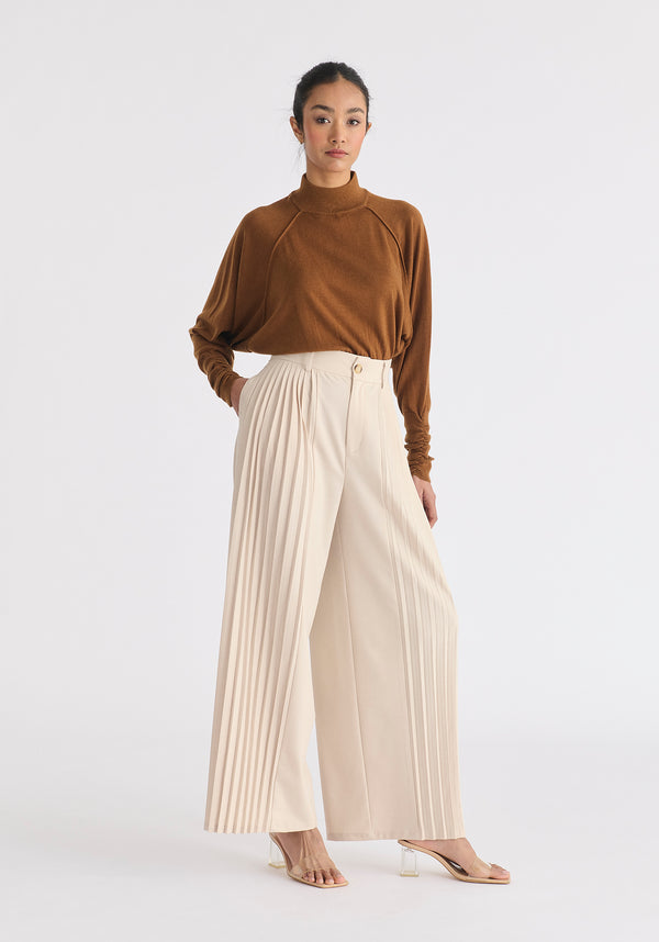 Mock Neck Batwing Jumper with Ruched Cuffs in Brown