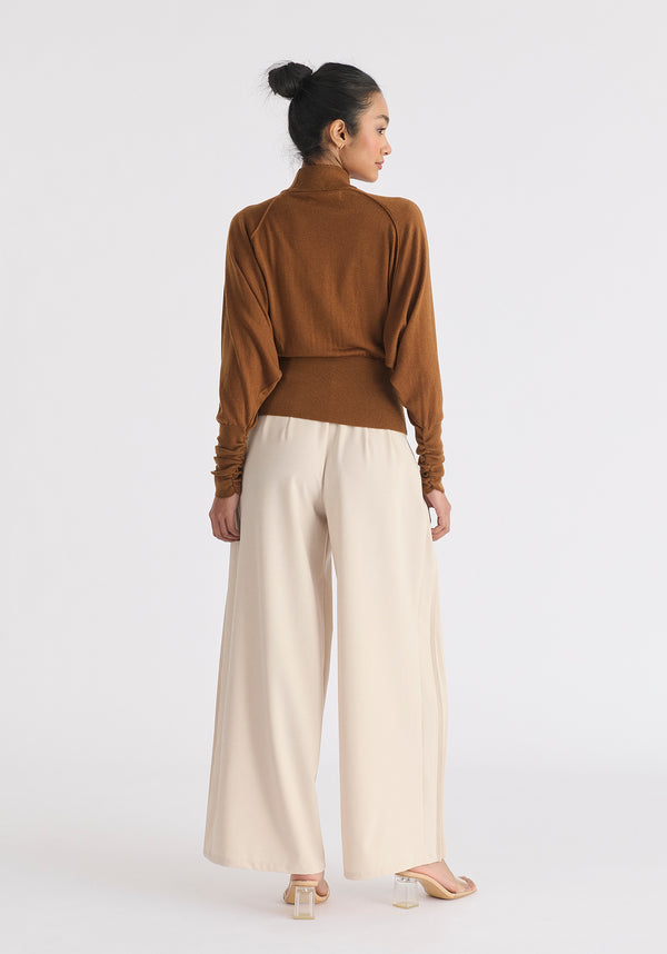 Mock Neck Batwing Jumper with Ruched Cuffs in Brown Back