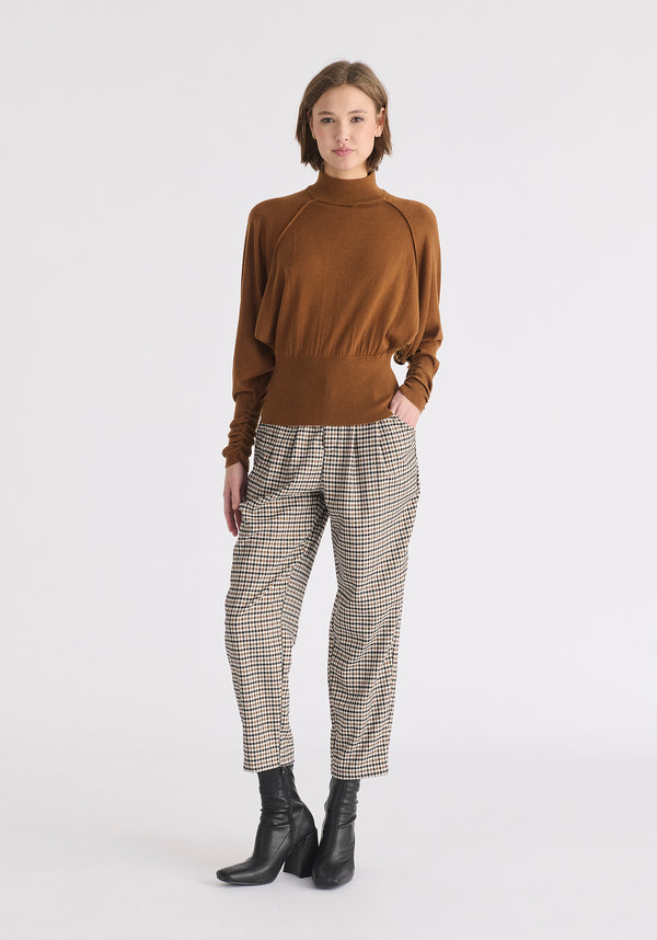 Mock Neck Batwing Jumper with Ruched Cuffs in Brown