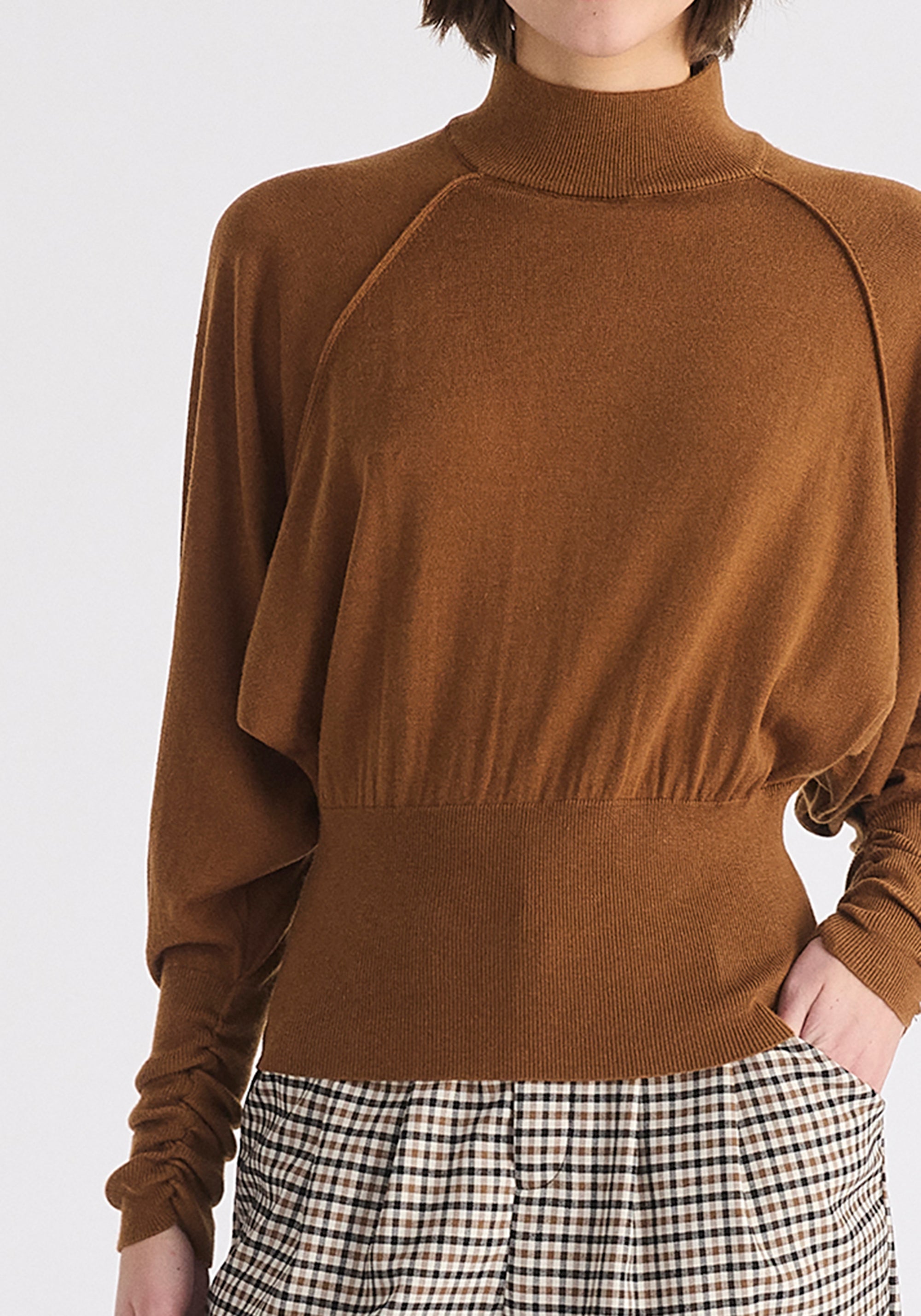 Mock Neck Batwing Jumper with Ruched Cuffs in Brown Close Up