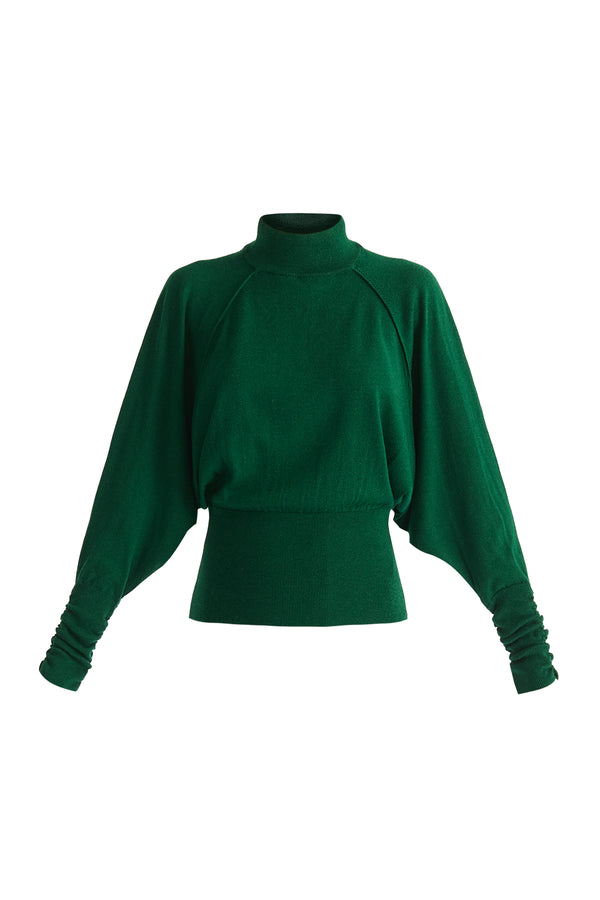 Mock Neck Batwing Jumper with Ruched Cuffs in Green Cut Out