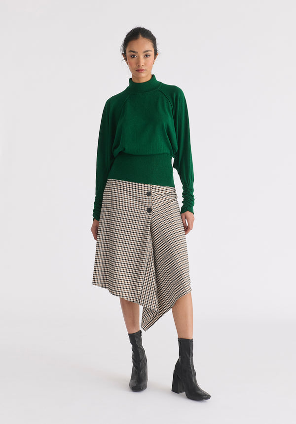 Mock Neck Batwing Jumper with Ruched Cuffs in Green