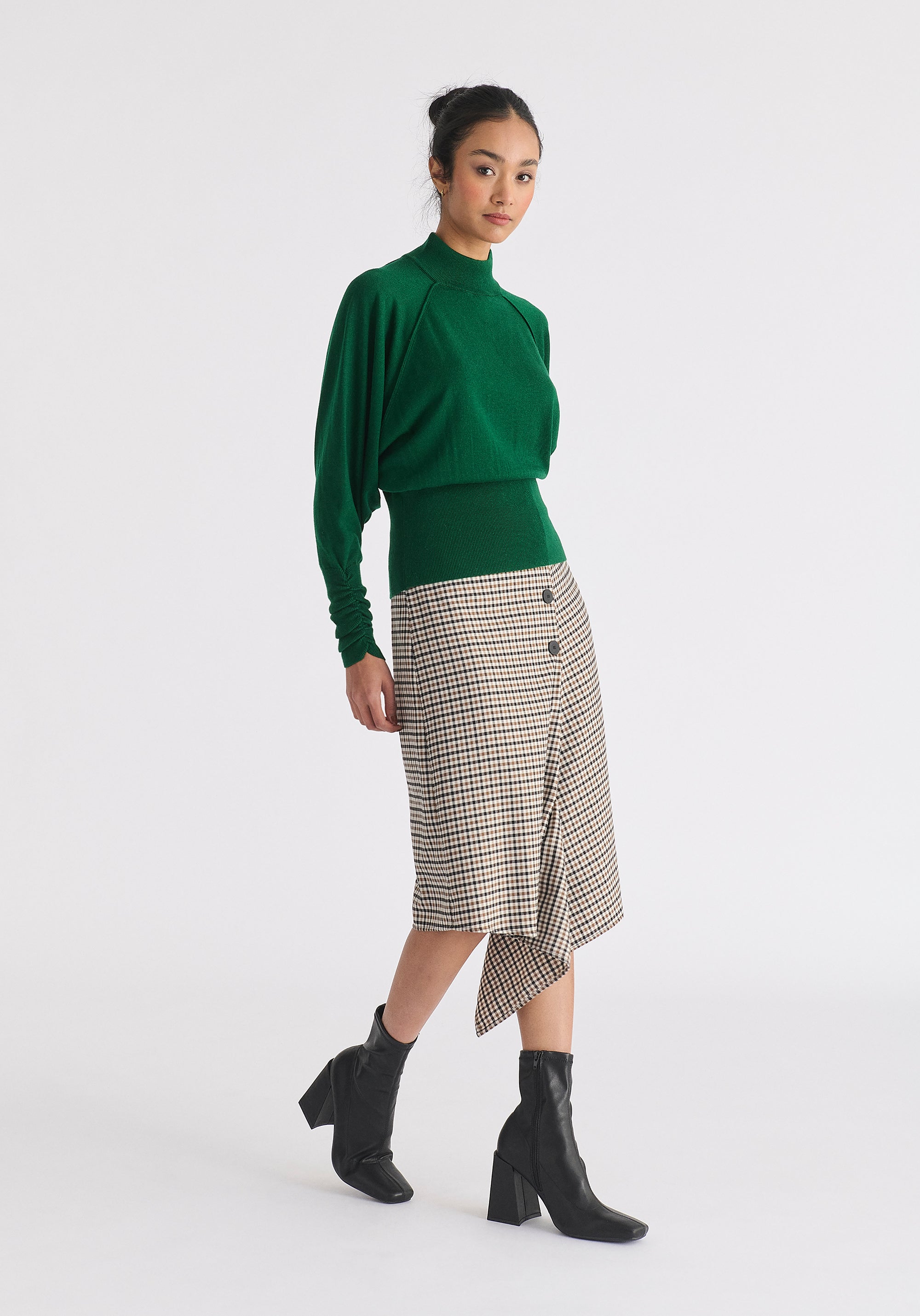 Mock Neck Batwing Jumper with Ruched Cuffs in Green Side