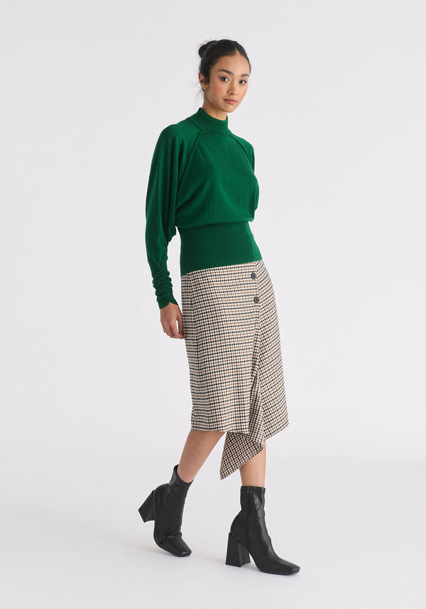 Mock Neck Batwing Jumper with Ruched Cuffs in Green Side