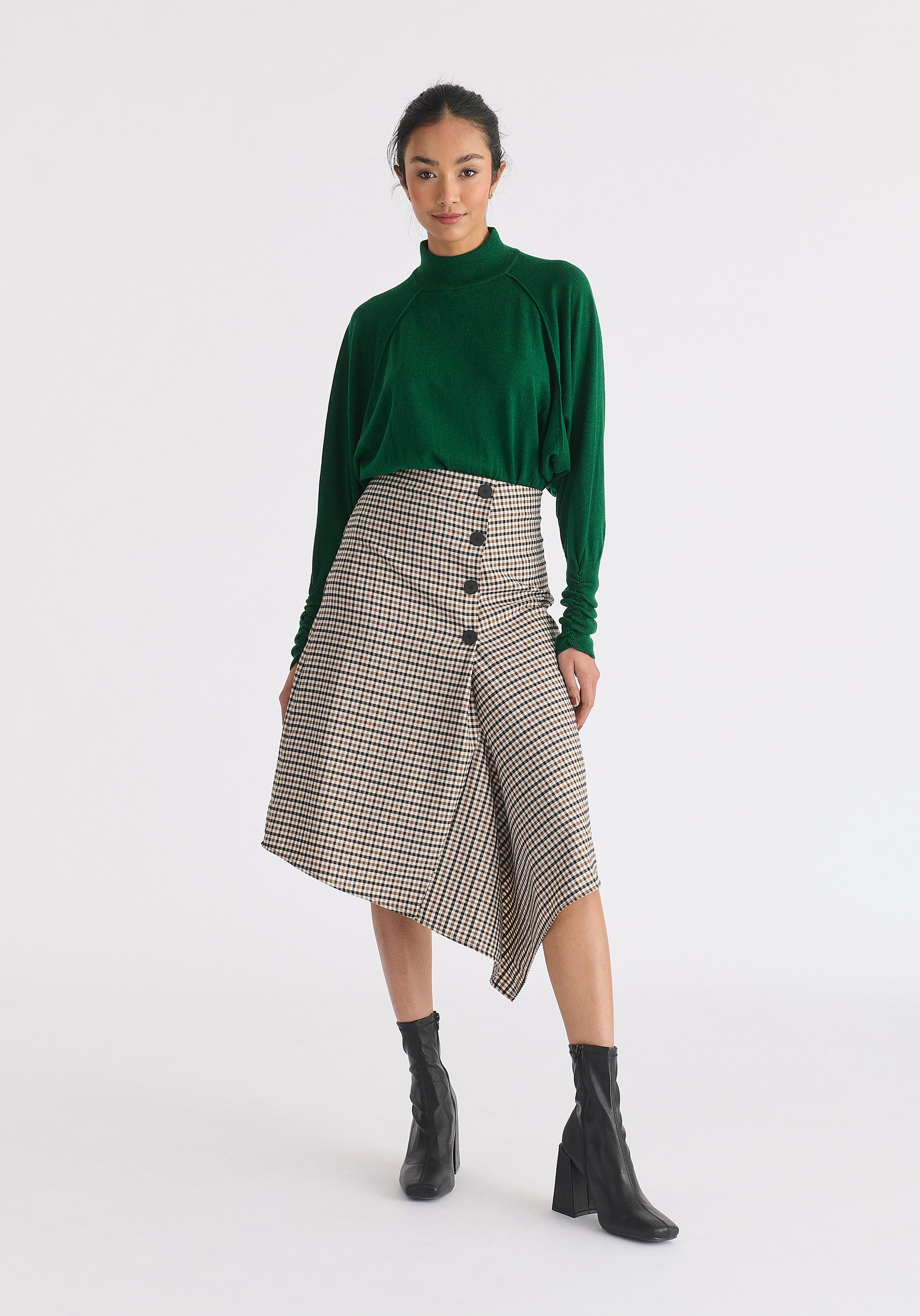 Mock Neck Batwing Jumper with Ruched Cuffs in Green