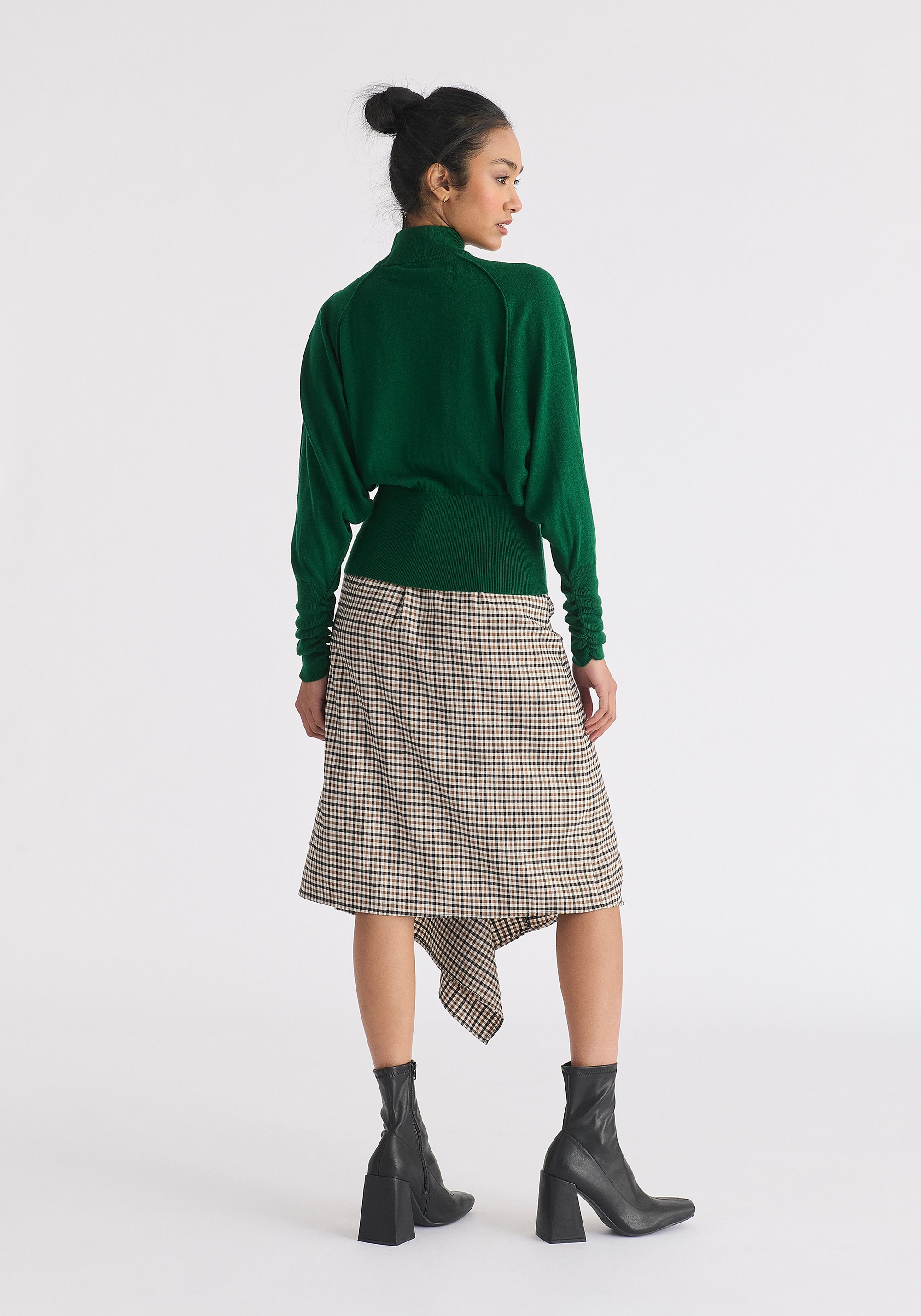 Mock Neck Batwing Jumper with Ruched Cuffs in Green Back