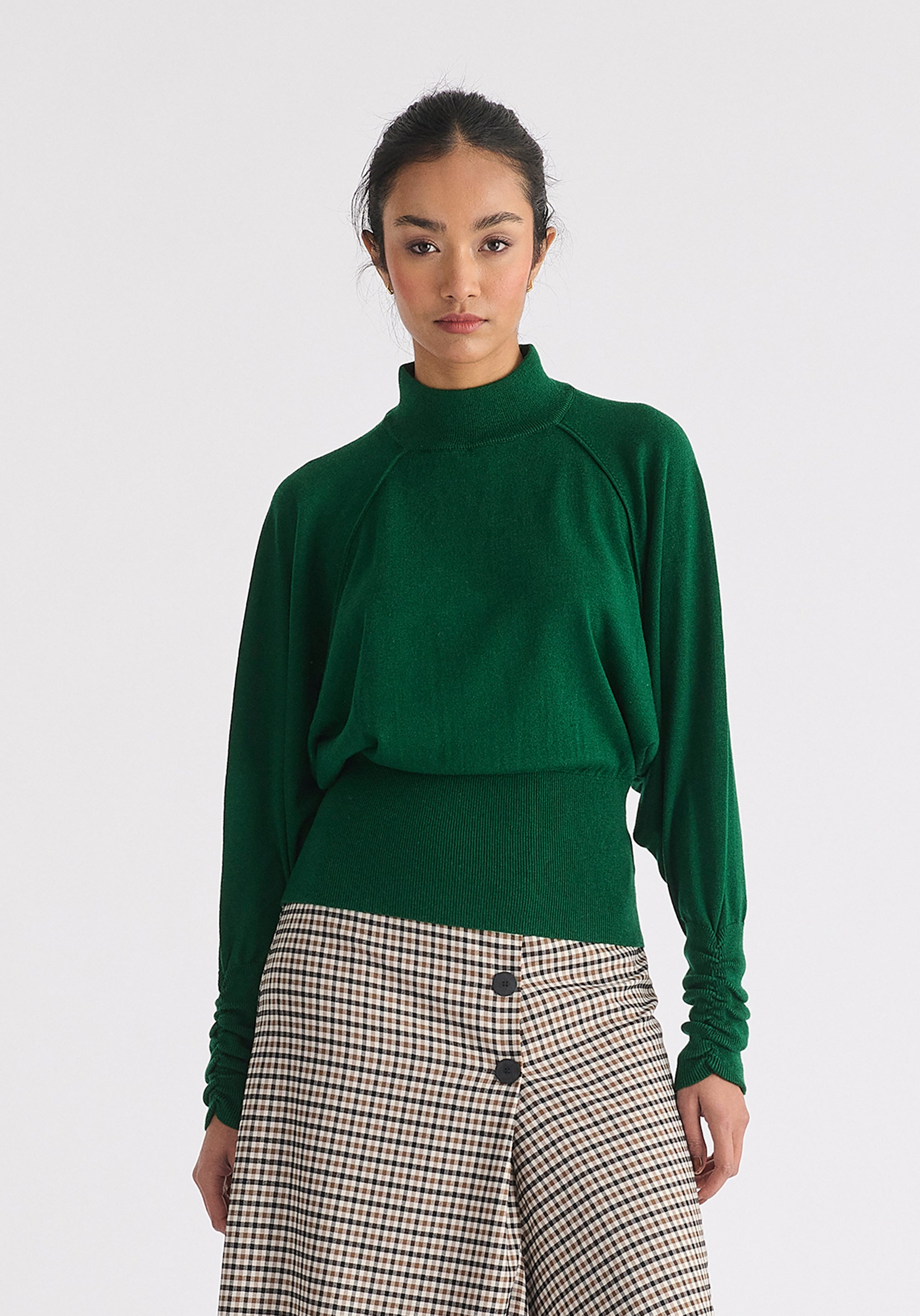 Mock Neck Batwing Jumper with Ruched Cuffs in Green