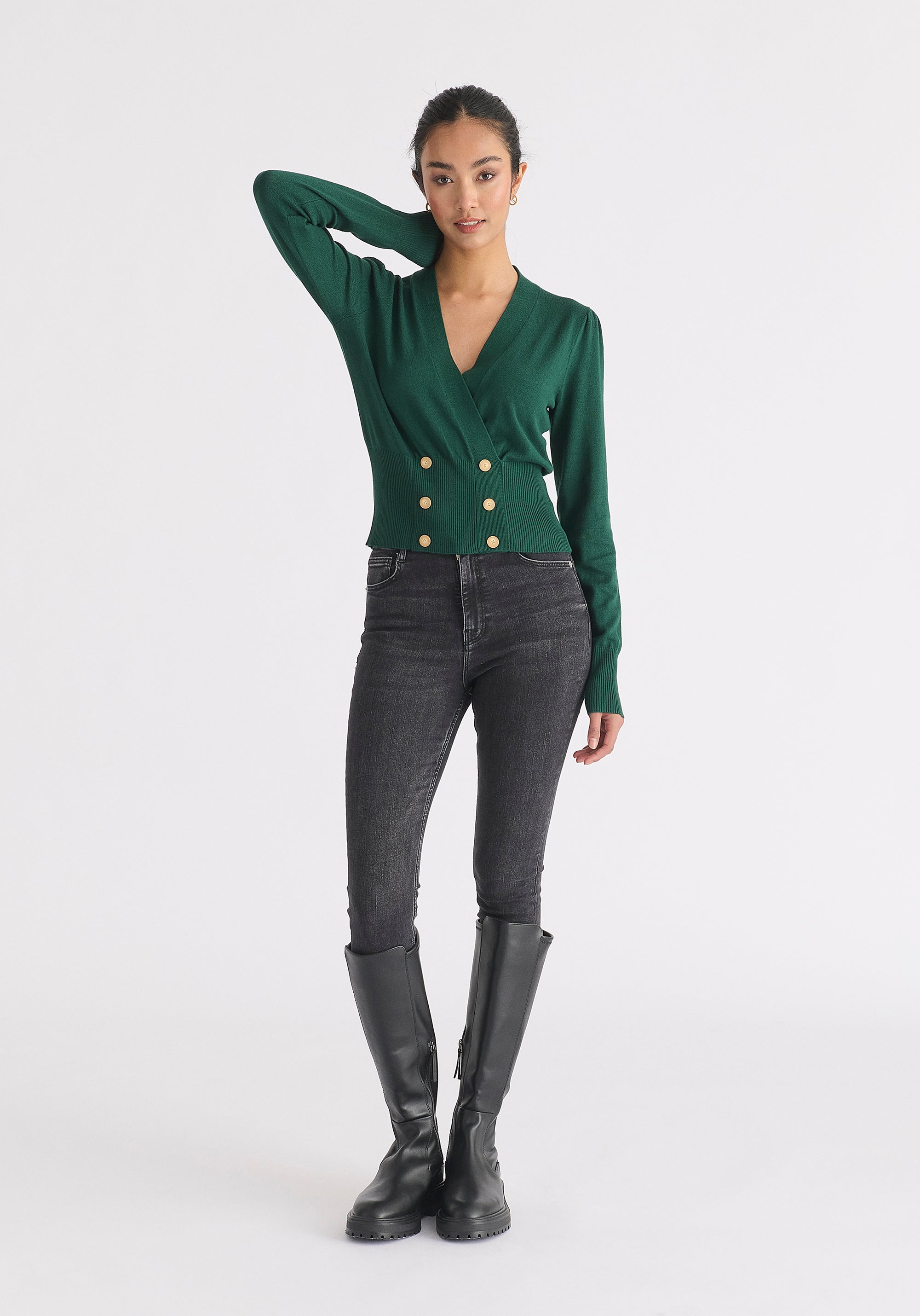 Long Sleeve Knitted Button Wrap Top Front