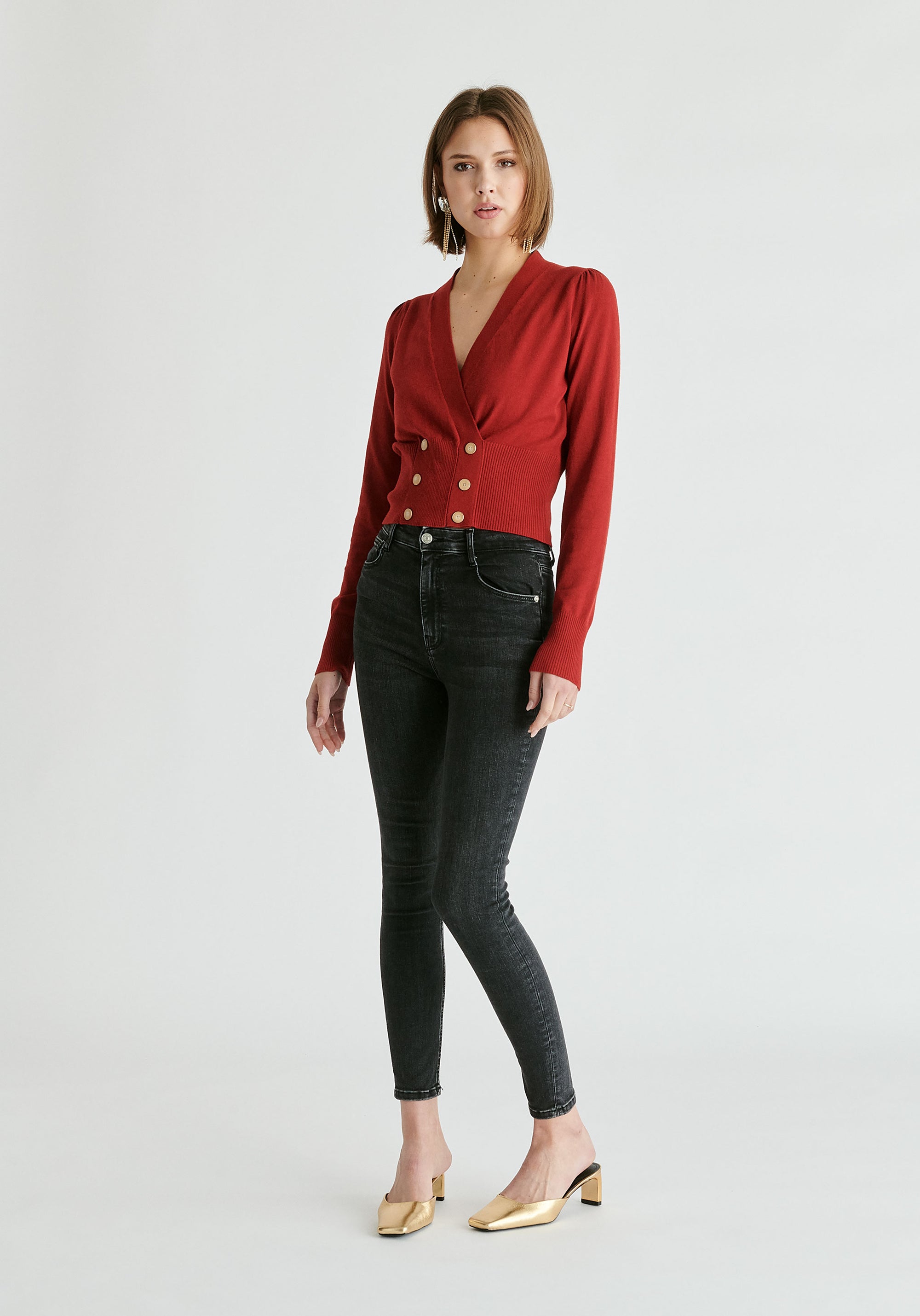 Long Sleeve Knitted Button Wrap Top in Burgundy Front