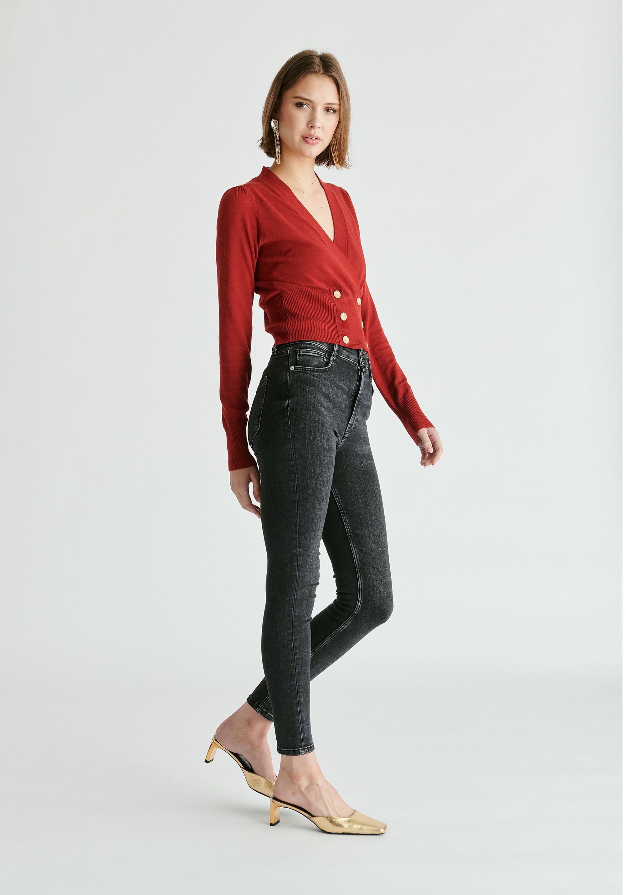 Long Sleeve Knitted Button Wrap Top in Burgundy Side