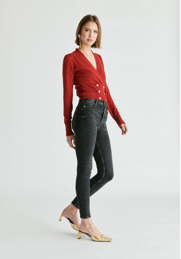 Long Sleeve Knitted Button Wrap Top in Burgundy Side
