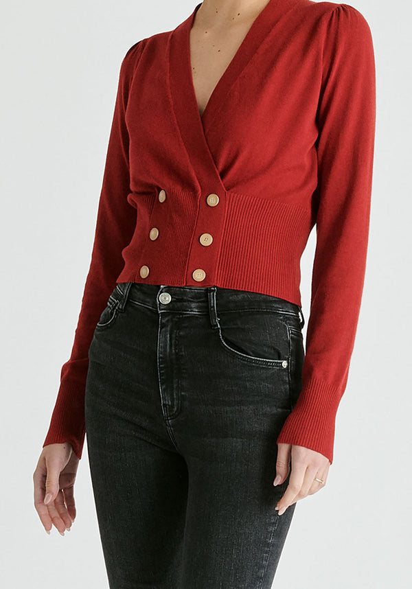 Long Sleeve Knitted Button Wrap Top in Burgundy Closeup