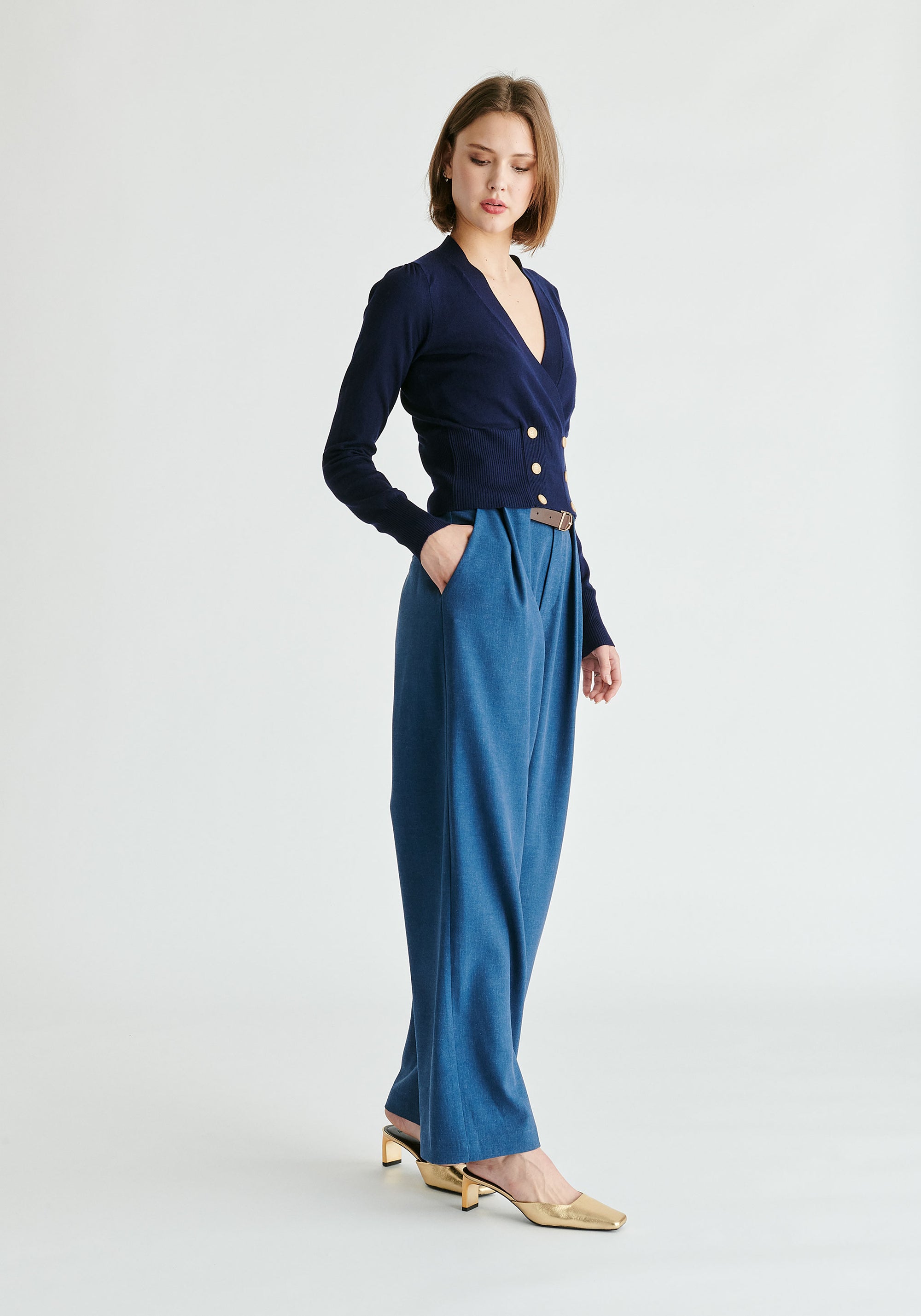 Long Sleeve Knitted Button Wrap Top in Navy Side