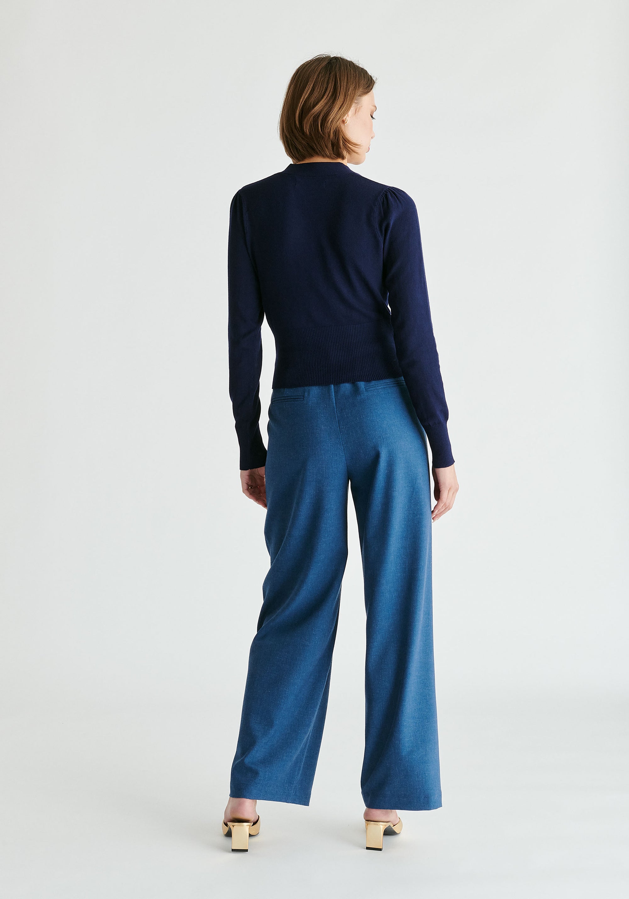 Long Sleeve Knitted Button Wrap Top in Navy Back